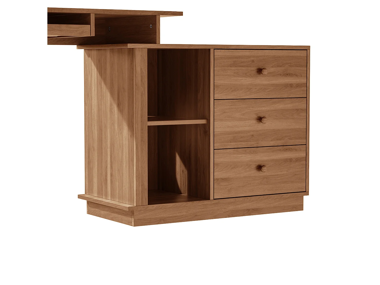 Bureau en bois avec tiroirs, clavier coulissant et rangements, design moderne, télétravail