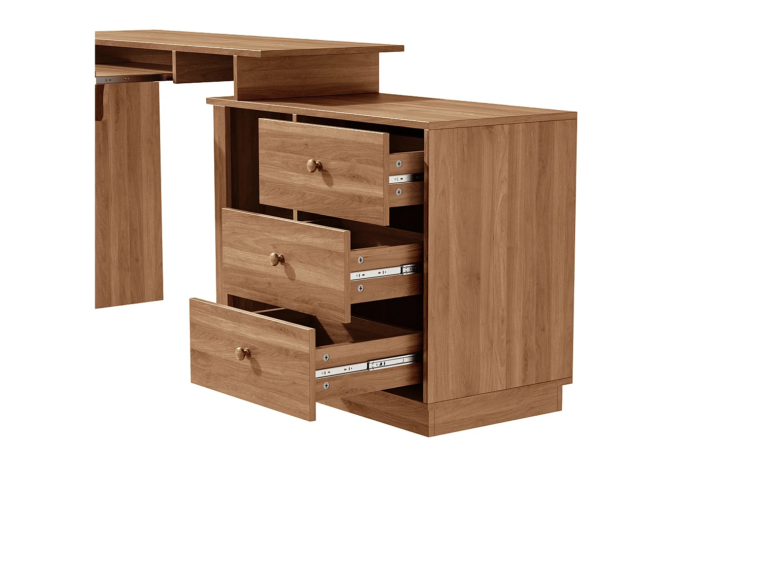 Bureau en bois avec tiroirs, clavier coulissant et rangements, design moderne, télétravail