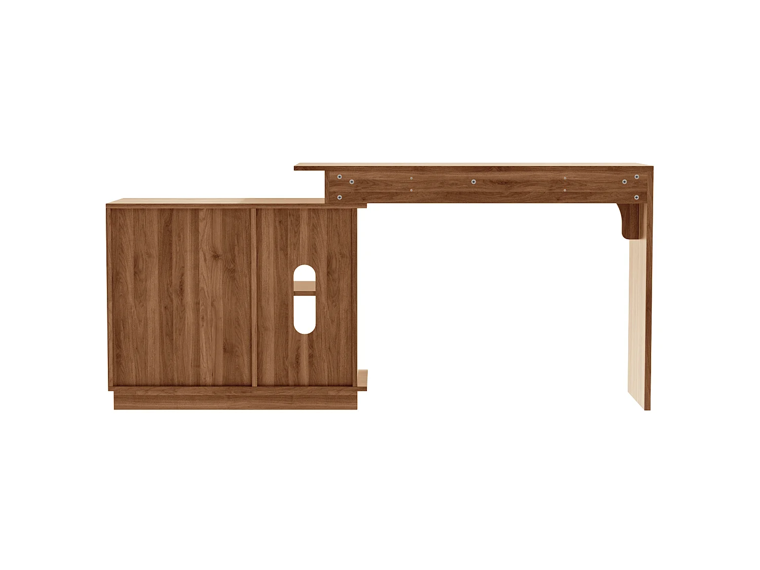 Bureau en bois avec tiroirs, clavier coulissant et rangements, design moderne, télétravail