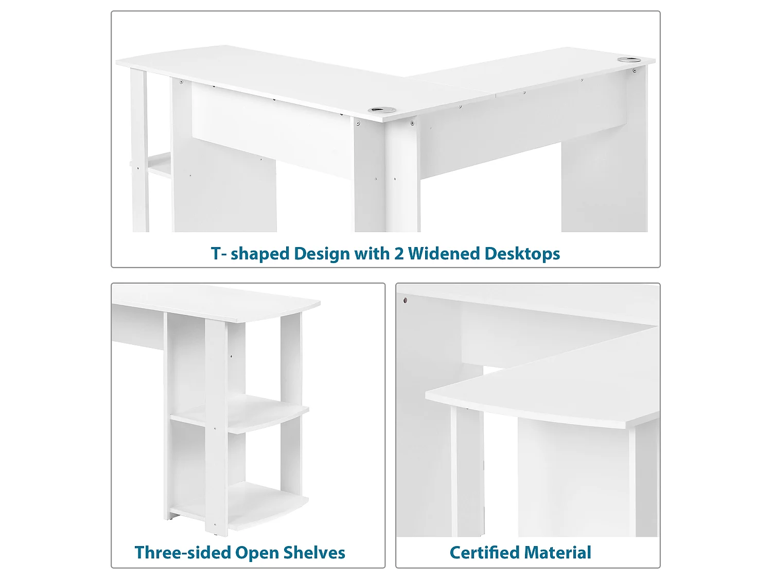 Bureau d'angle blanc 140x140 cm, avec 2 étagères de rangement, design moderne, gain de place