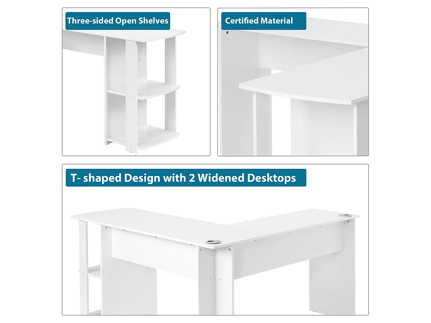 Bureau d'angle blanc 140x140 cm, avec 2 étagères de rangement, design moderne, gain de place