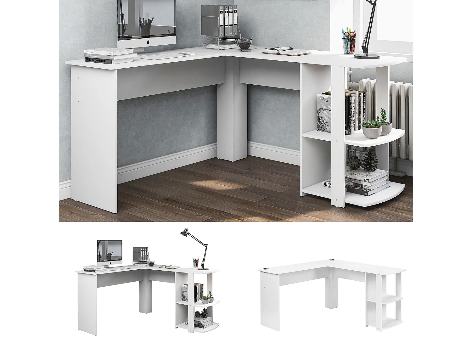 Bureau d'angle blanc 140x140 cm, avec 2 étagères de rangement, design moderne, gain de place