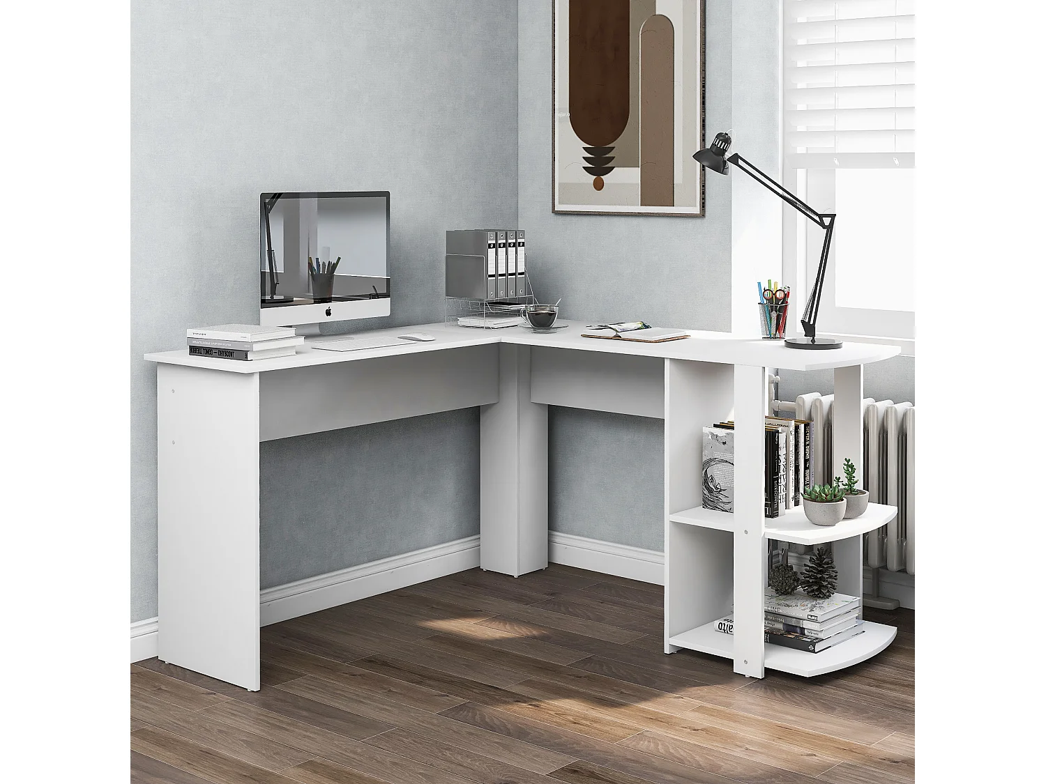 Bureau d'angle blanc 140x140 cm, avec 2 étagères de rangement, design moderne, gain de place