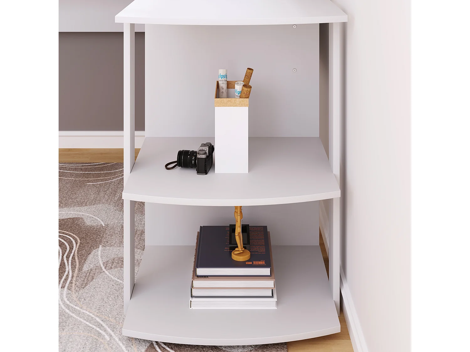 Bureau d'angle blanc 140x140 cm, avec 2 étagères de rangement, design moderne, gain de place
