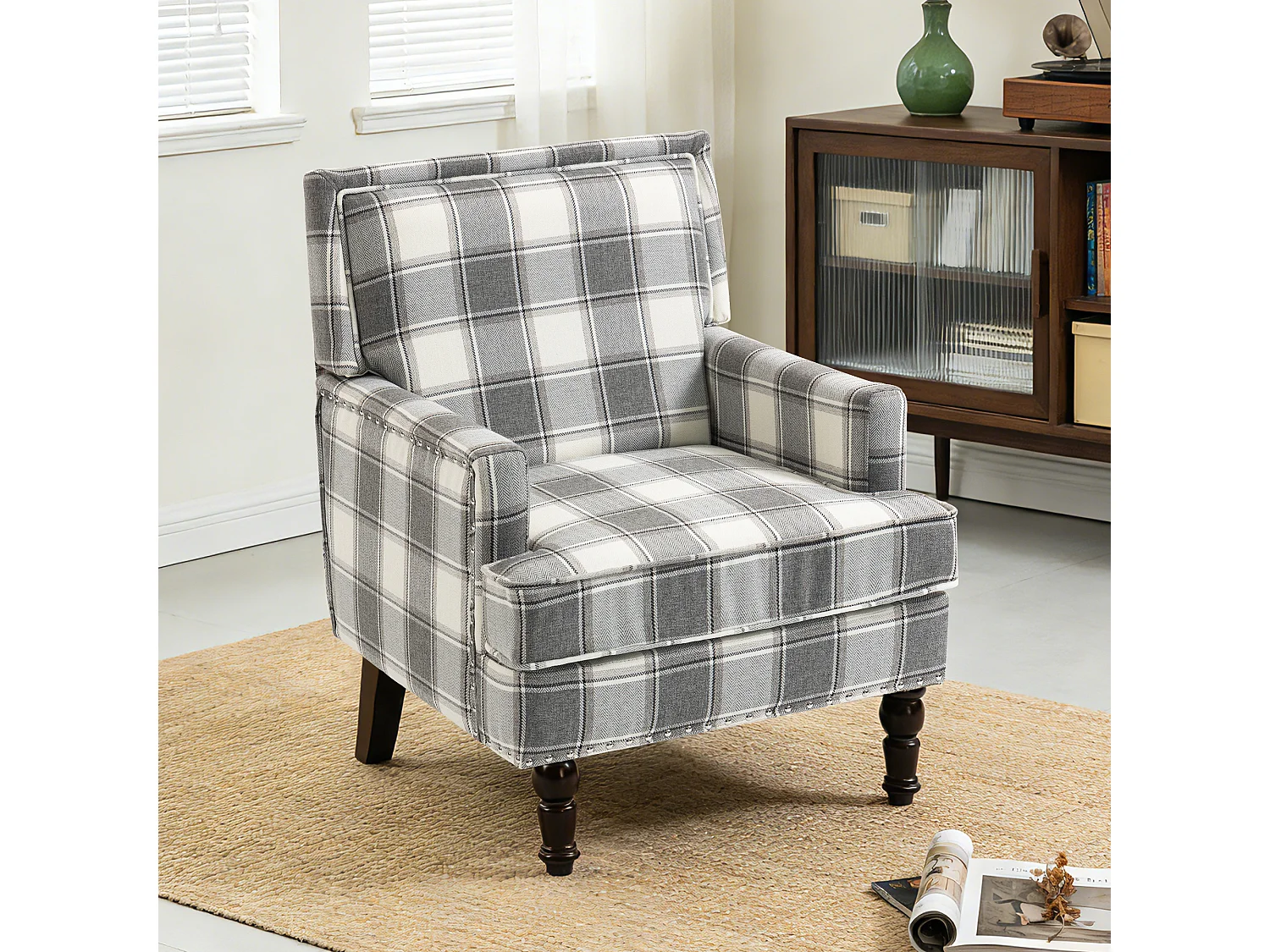 Fauteuil relax vintage capitonné, lin marron, clous décoratifs, pieds bois, pour salon