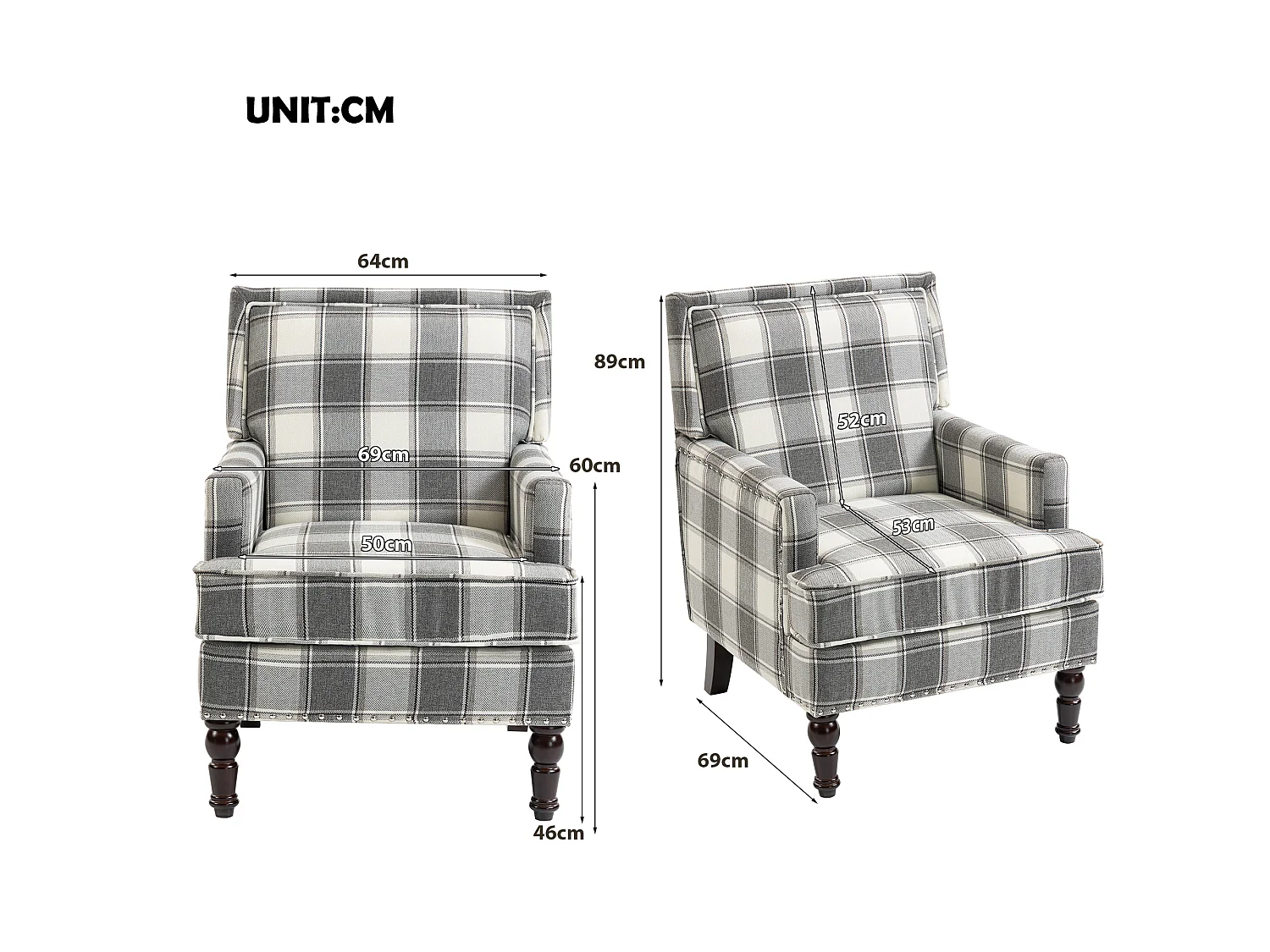Fauteuil relax vintage capitonné, lin marron, clous décoratifs, pieds bois, pour salon