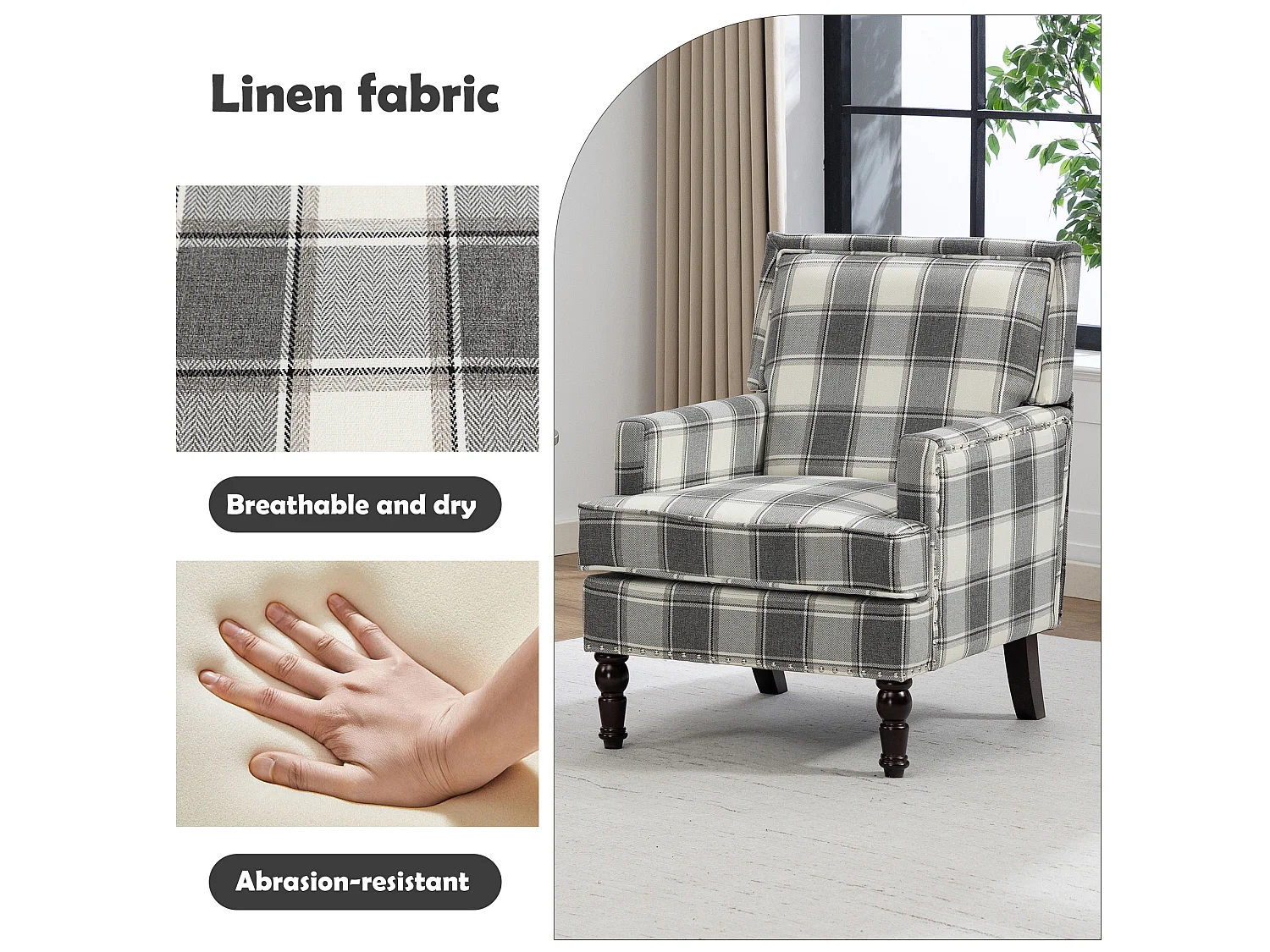 Fauteuil relax vintage capitonné, lin marron, clous décoratifs, pieds bois, pour salon