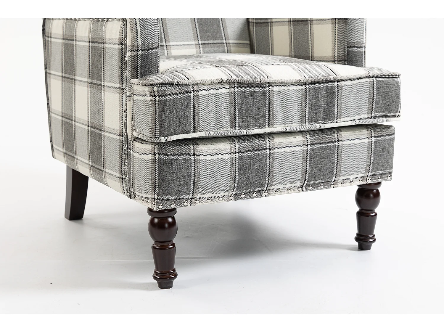 Fauteuil relax vintage capitonné, lin marron, clous décoratifs, pieds bois, pour salon