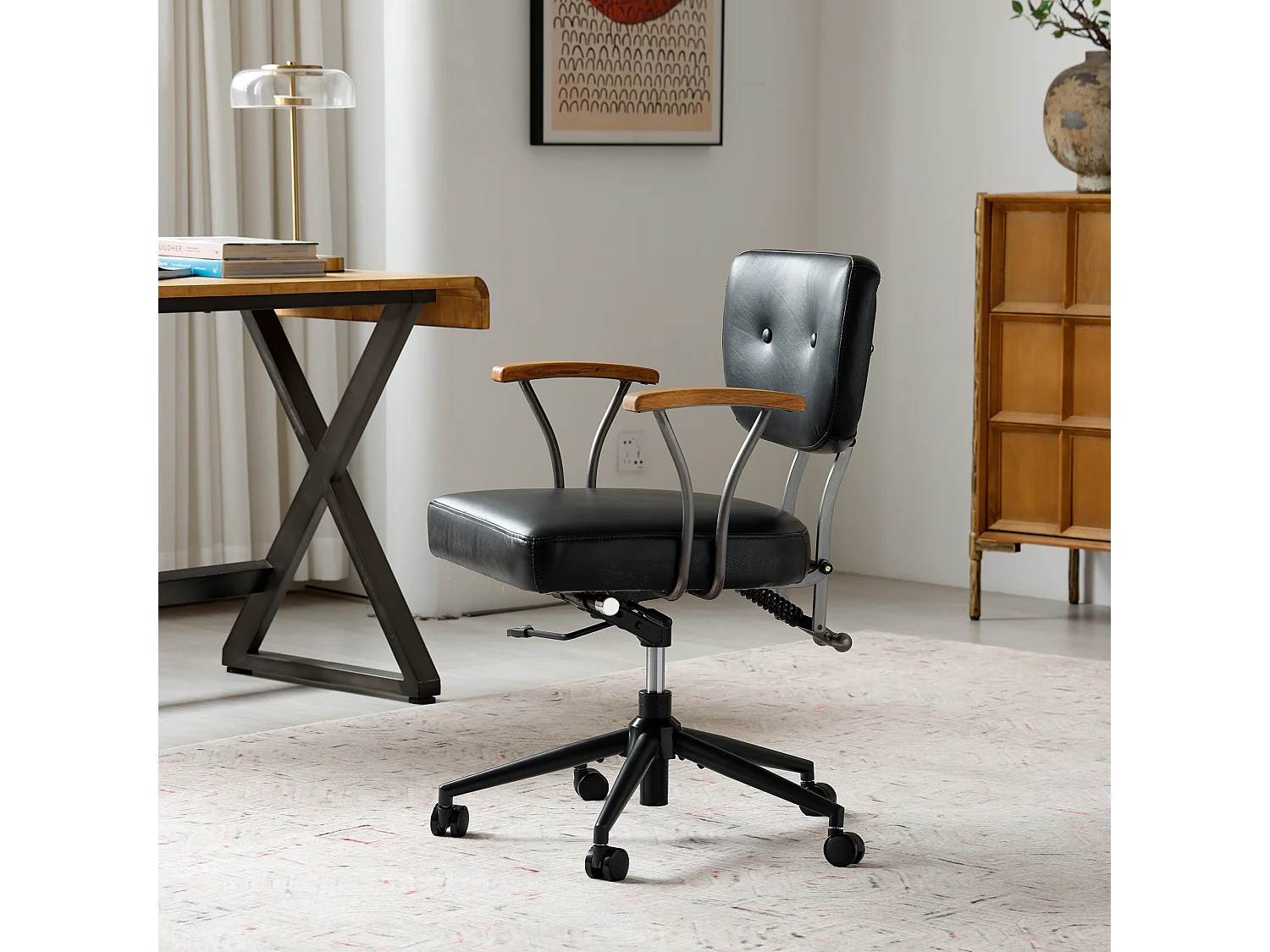 Chaise de bureau pivotante réglable, accoudoirs chêne, roulettes, siège ergonomique similicuir