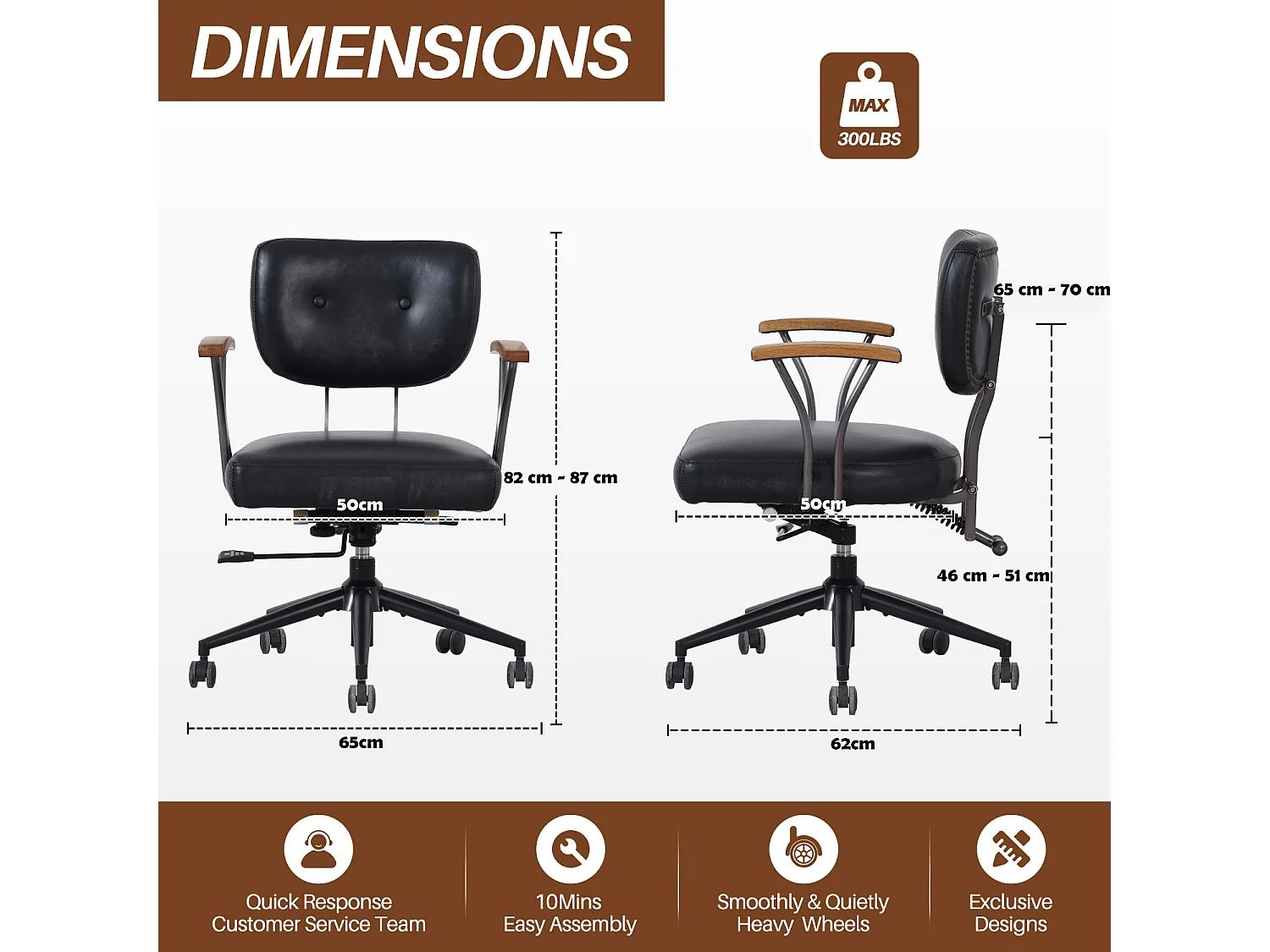 Chaise de bureau pivotante réglable, accoudoirs chêne, roulettes, siège ergonomique similicuir