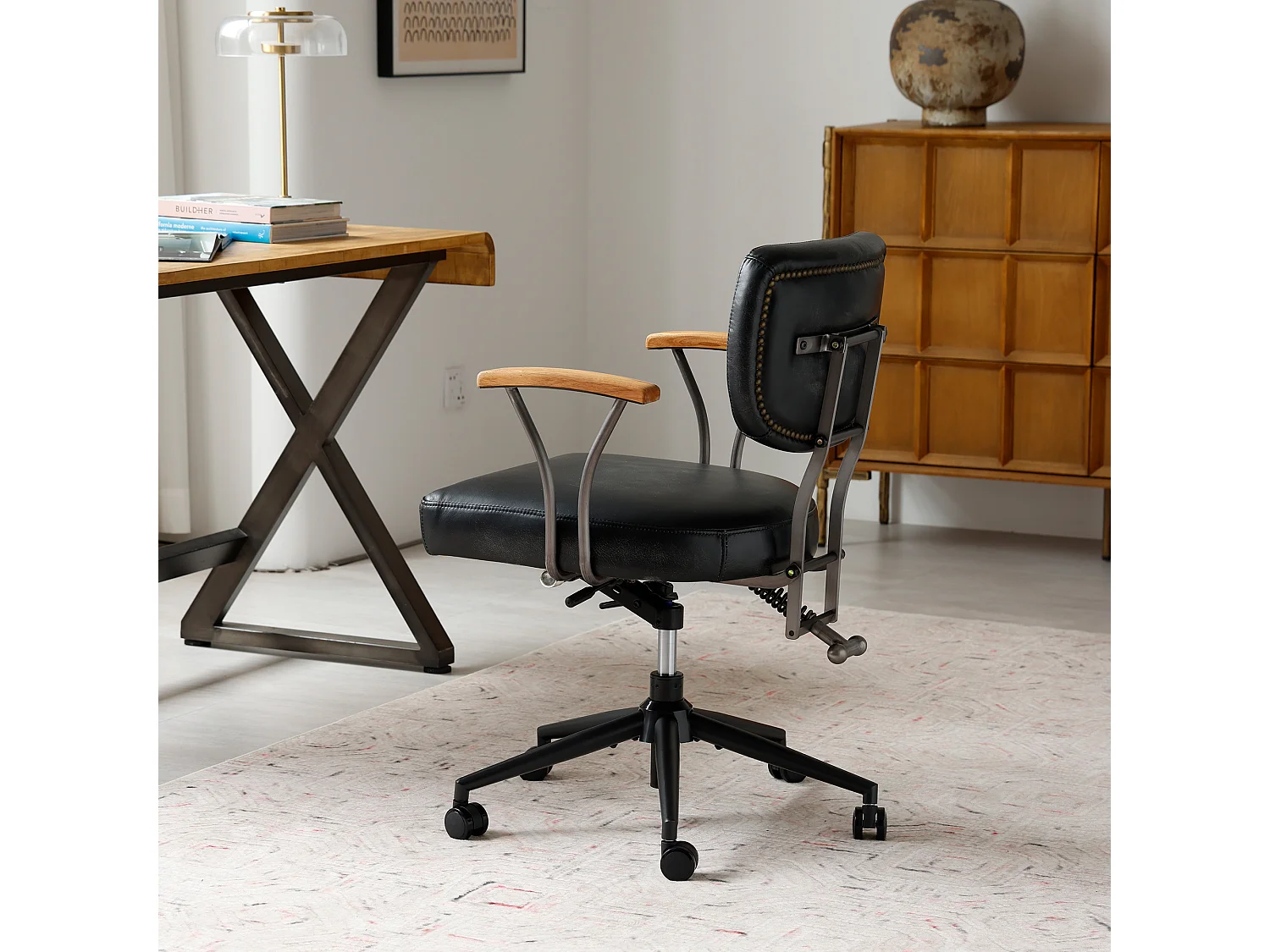Chaise de bureau pivotante réglable, accoudoirs chêne, roulettes, siège ergonomique similicuir