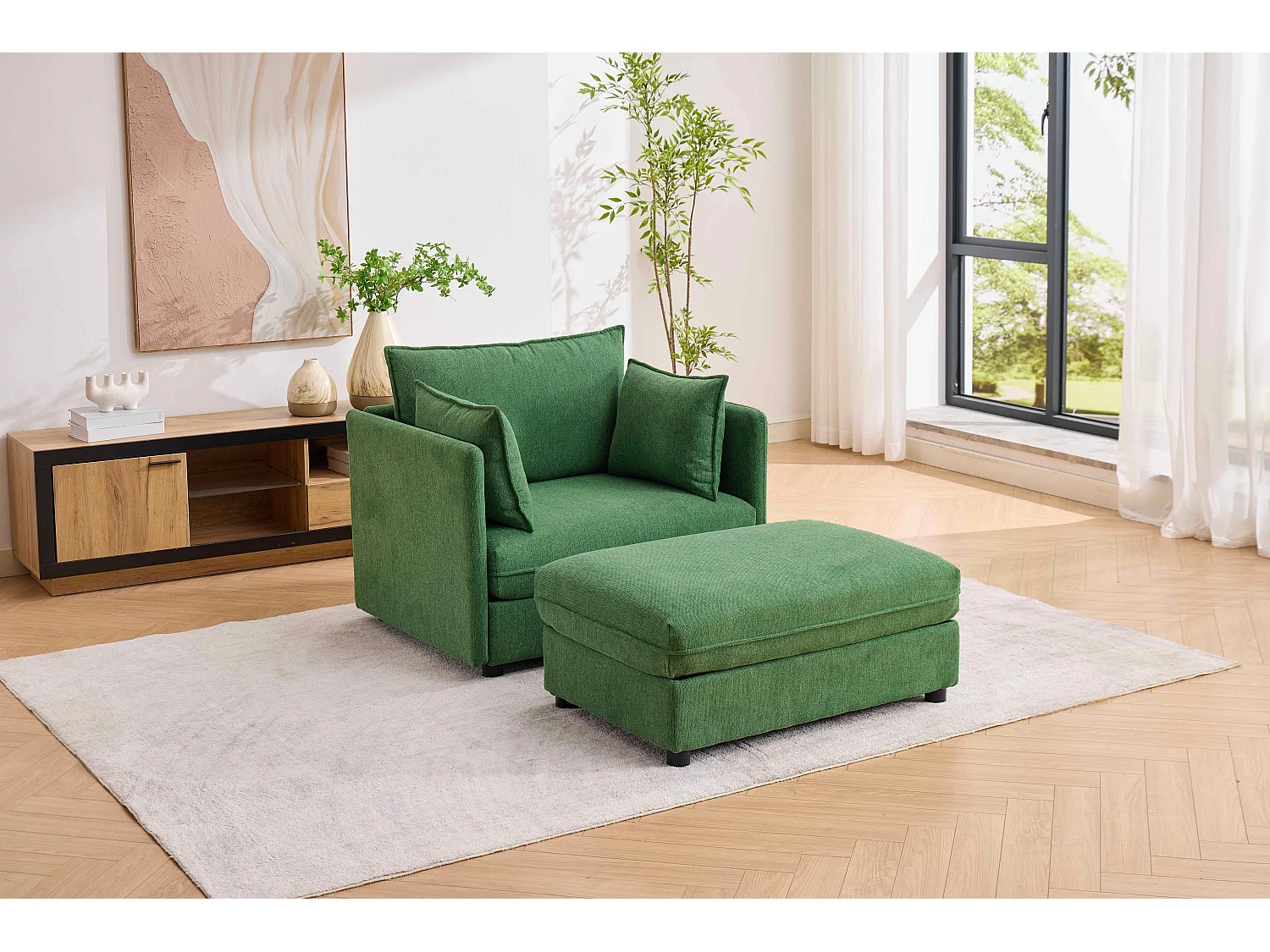 Fauteuil relax vert en chenille, avec repose-pieds et rangement intégré, design scandinave