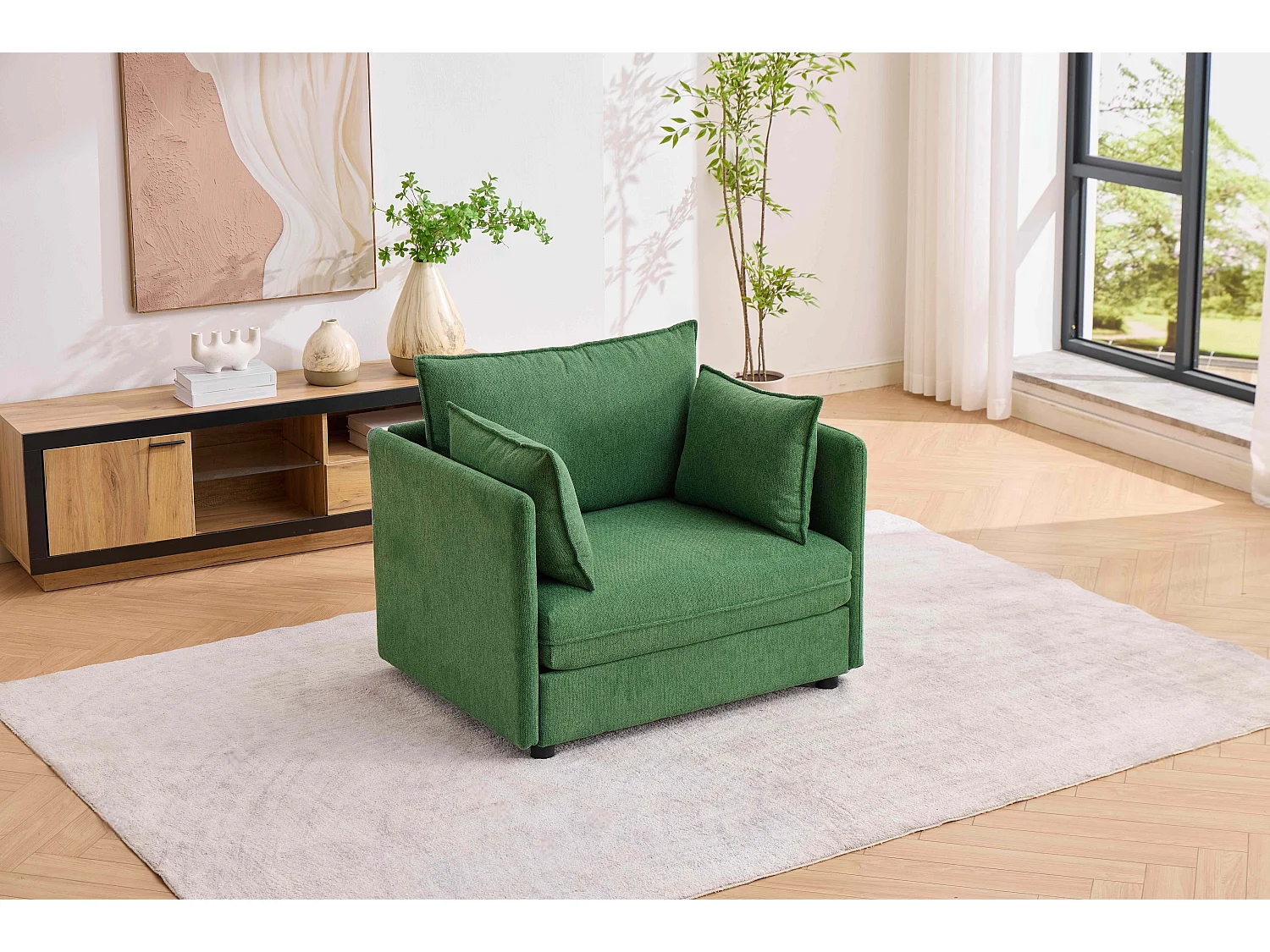 Fauteuil relax vert en chenille, avec repose-pieds et rangement intégré, design scandinave
