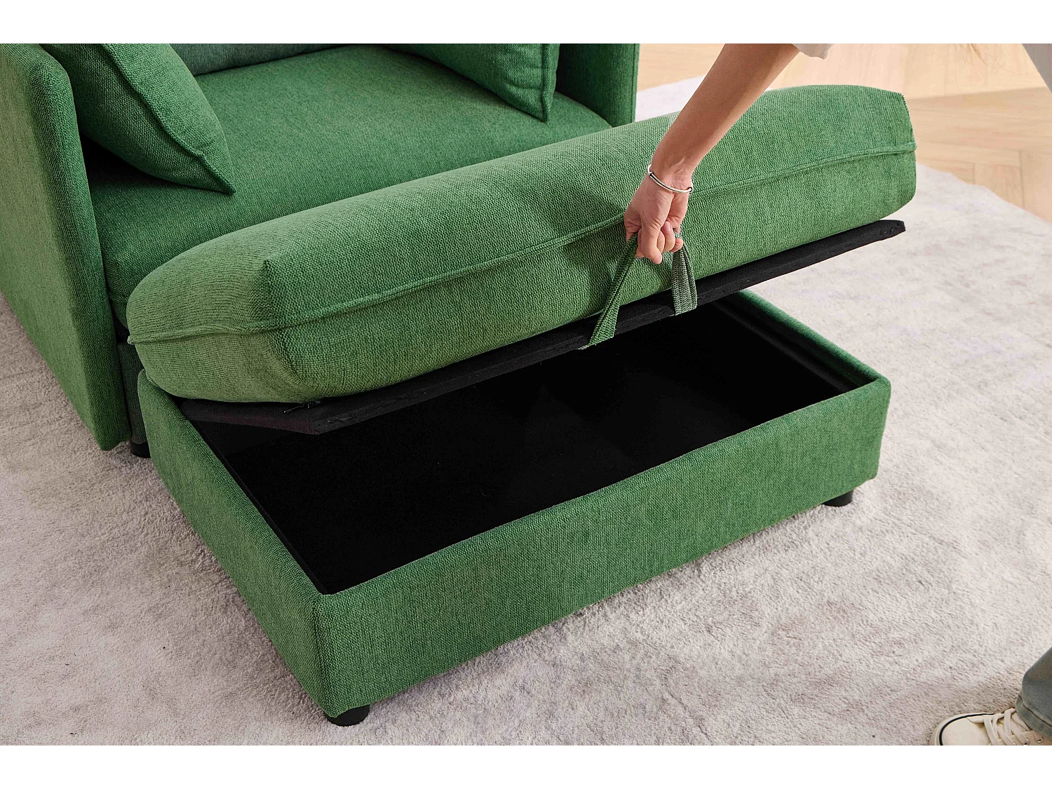 Fauteuil relax vert en chenille, avec repose-pieds et rangement intégré, design scandinave