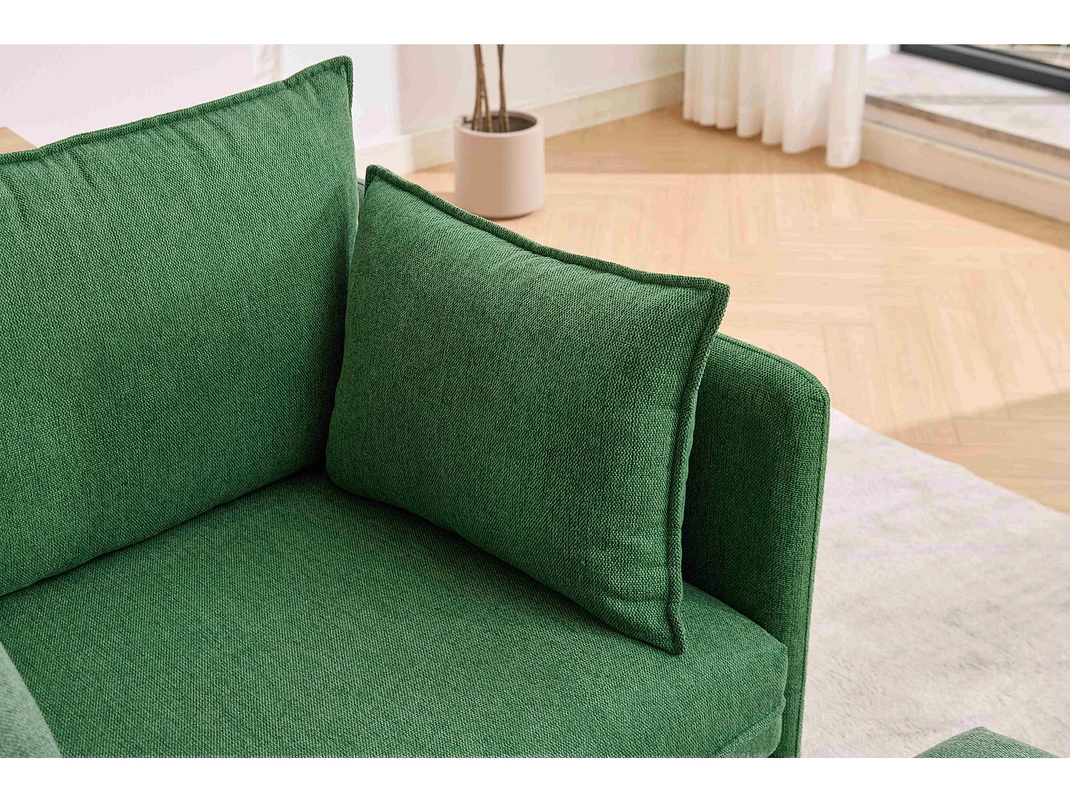 Fauteuil relax vert en chenille, avec repose-pieds et rangement intégré, design scandinave