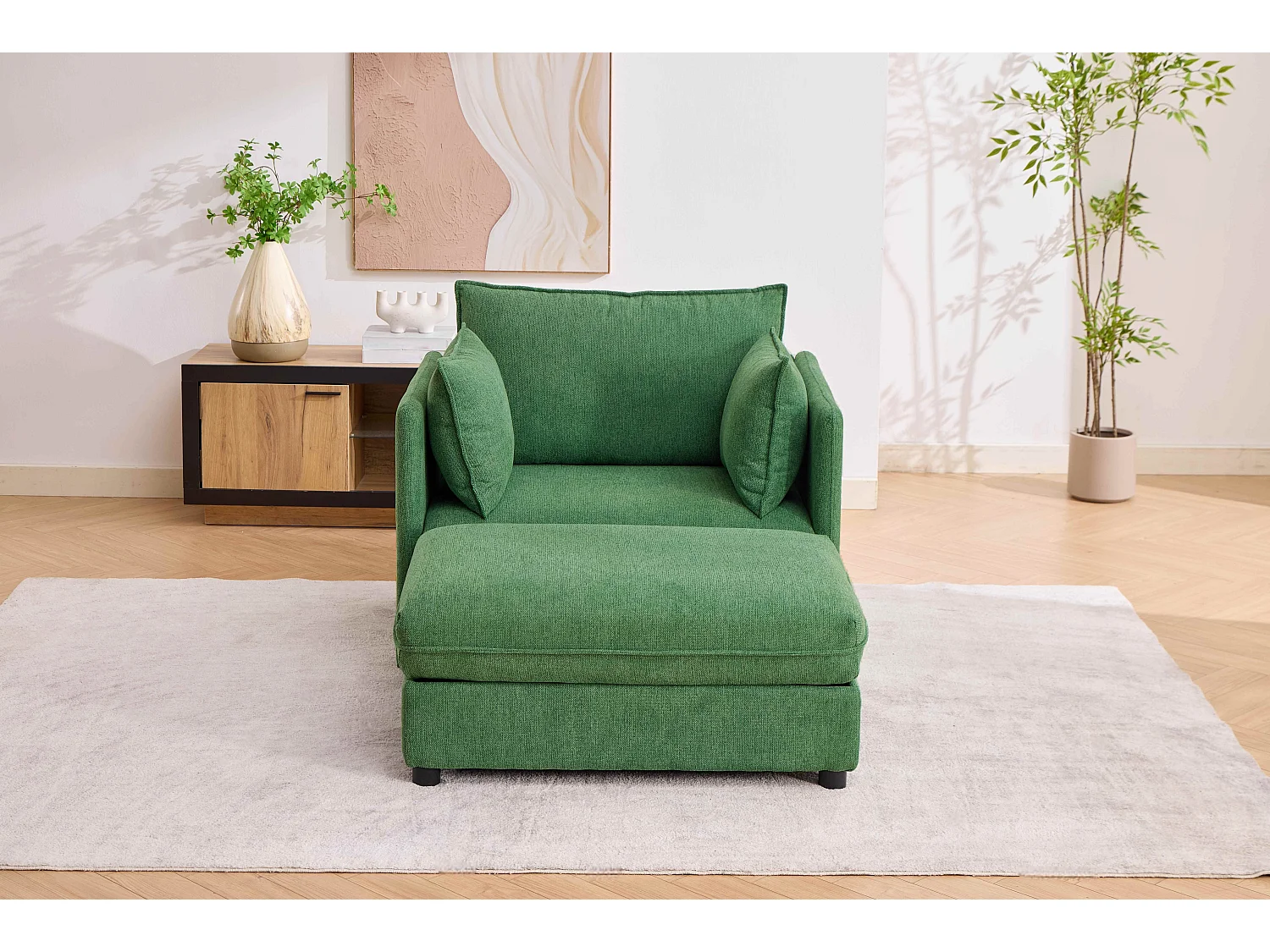 Fauteuil relax vert en chenille, avec repose-pieds et rangement intégré, design scandinave