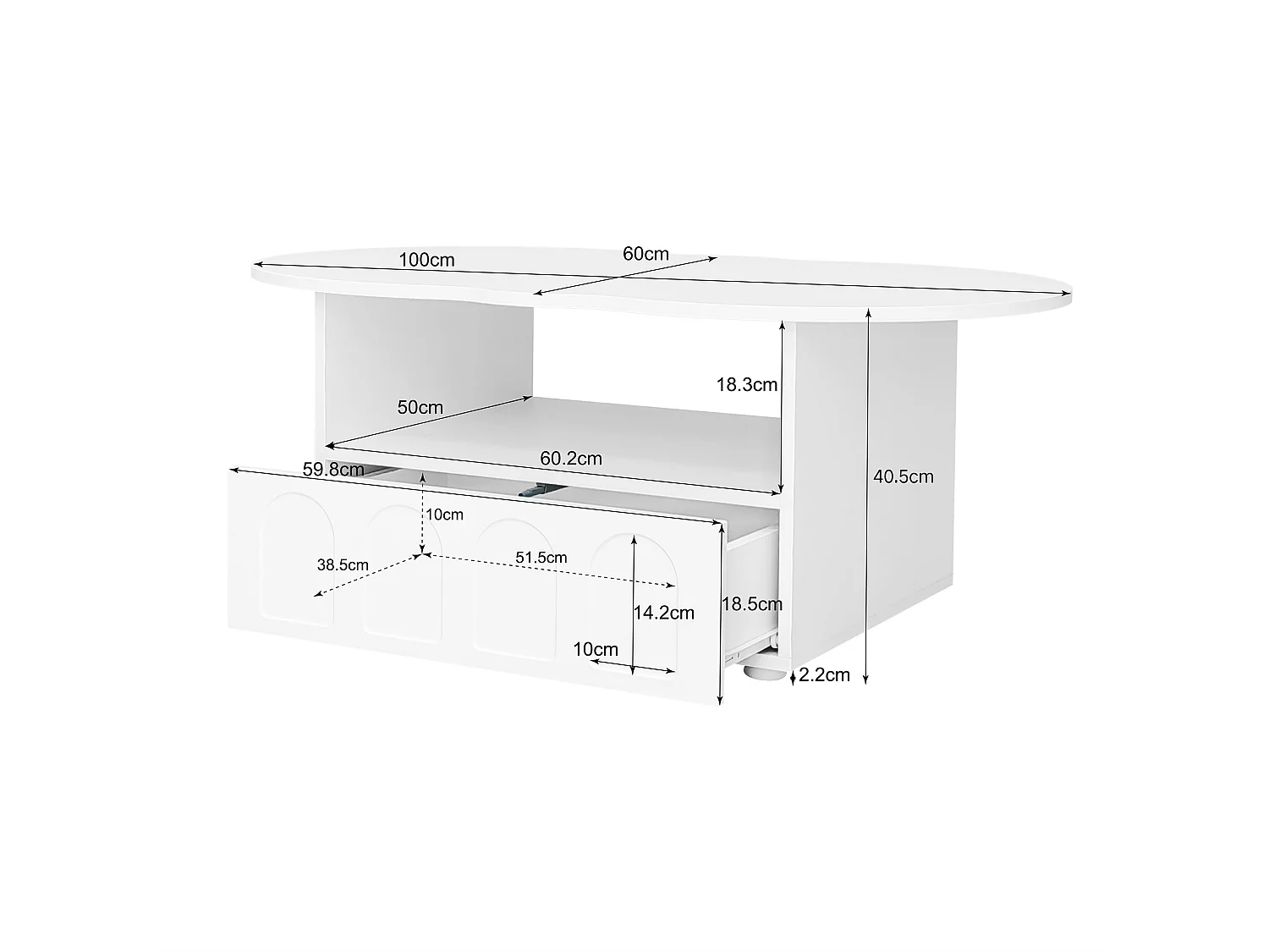 Table basse nuage avec tiroirs et rangements, design original, meuble salon scandinave