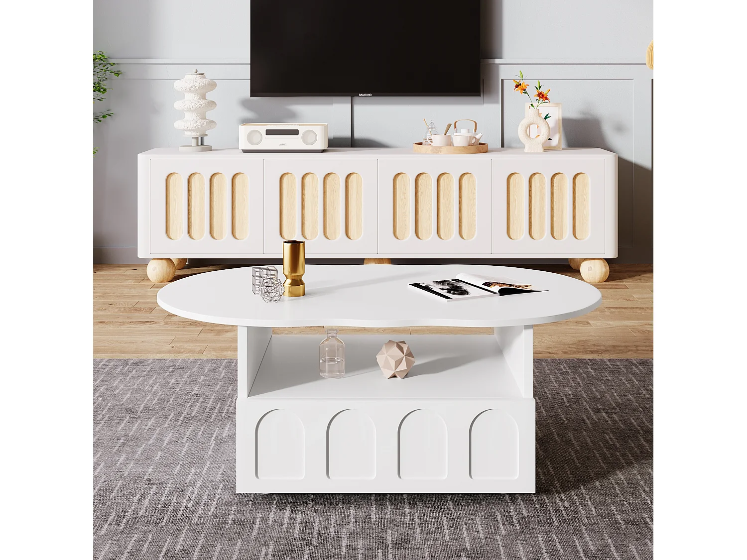 Table basse nuage avec tiroirs et rangements, design original, meuble salon scandinave