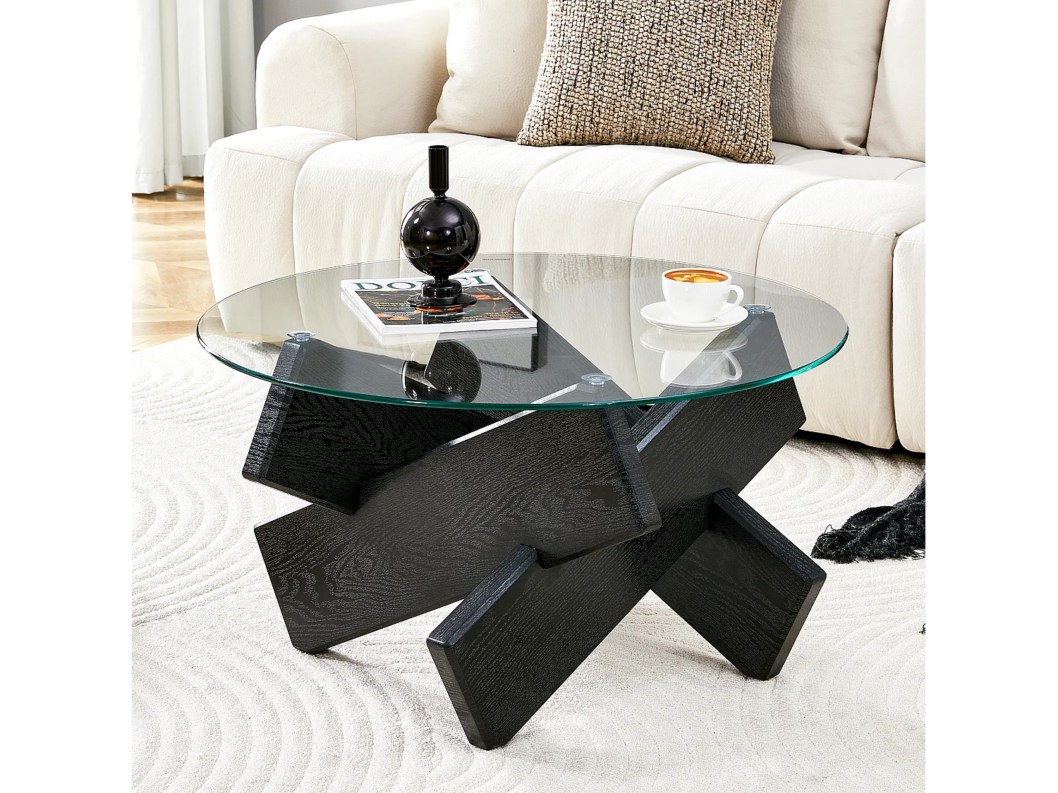 Table basse ronde en verre trempé, structure bois croisée noire, design géométrique, 79 cm