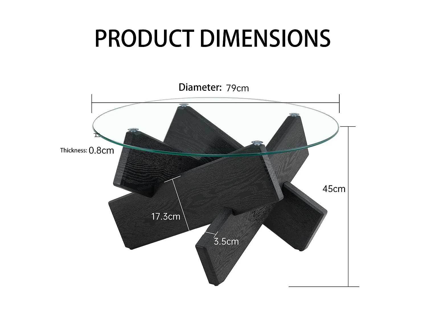 Table basse ronde en verre trempé, structure bois croisée noire, design géométrique, 79 cm