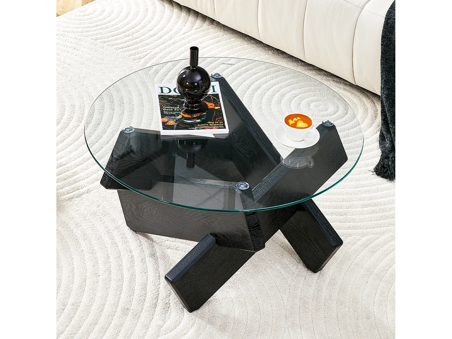 Table basse ronde en verre trempé, structure bois croisée noire, design géométrique, 79 cm