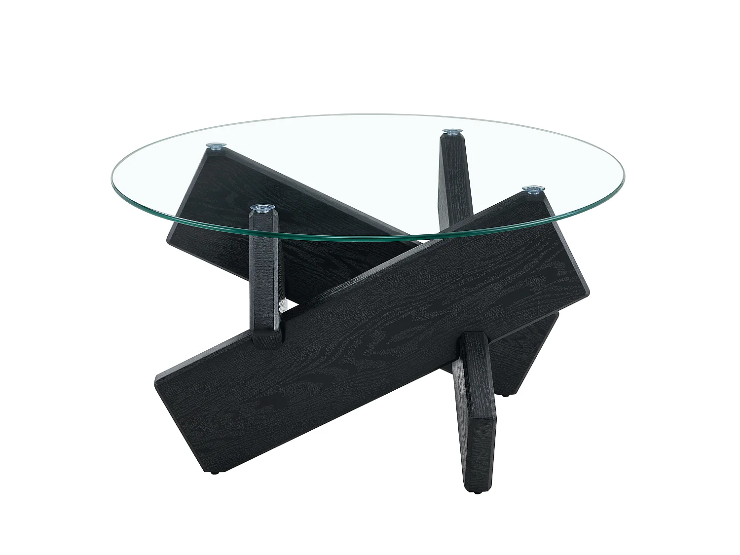 Table basse ronde en verre trempé, structure bois croisée noire, design géométrique, 79 cm