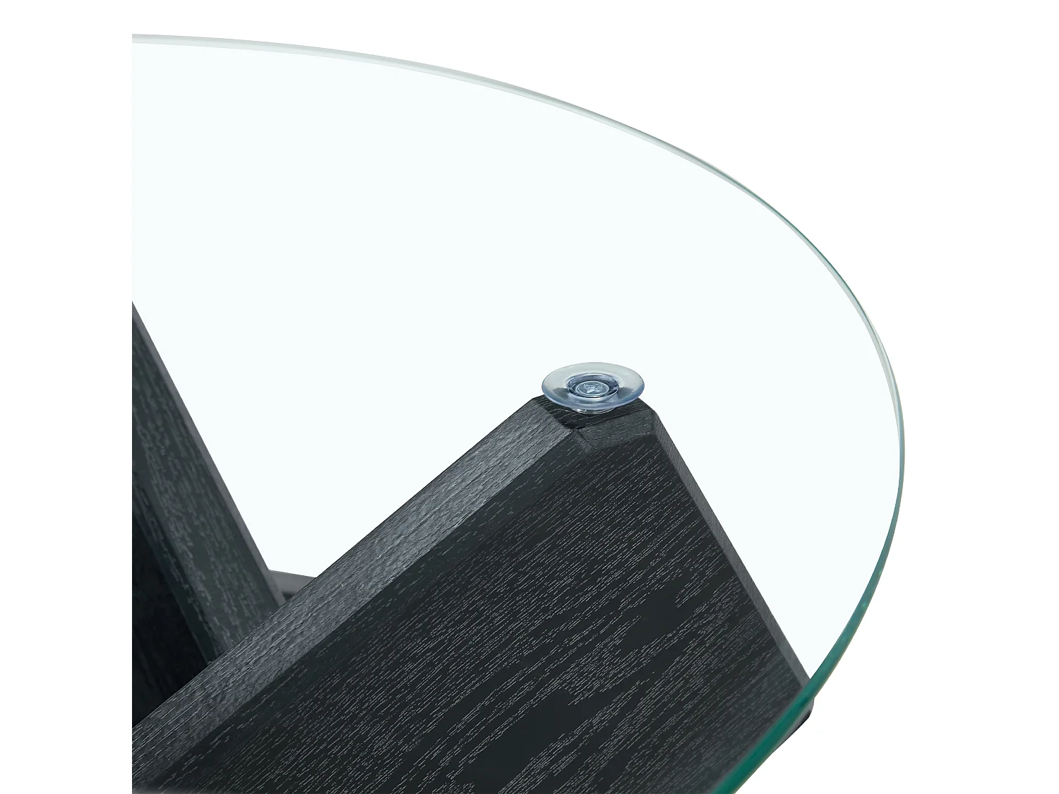 Table basse ronde en verre trempé, structure bois croisée noire, design géométrique, 79 cm