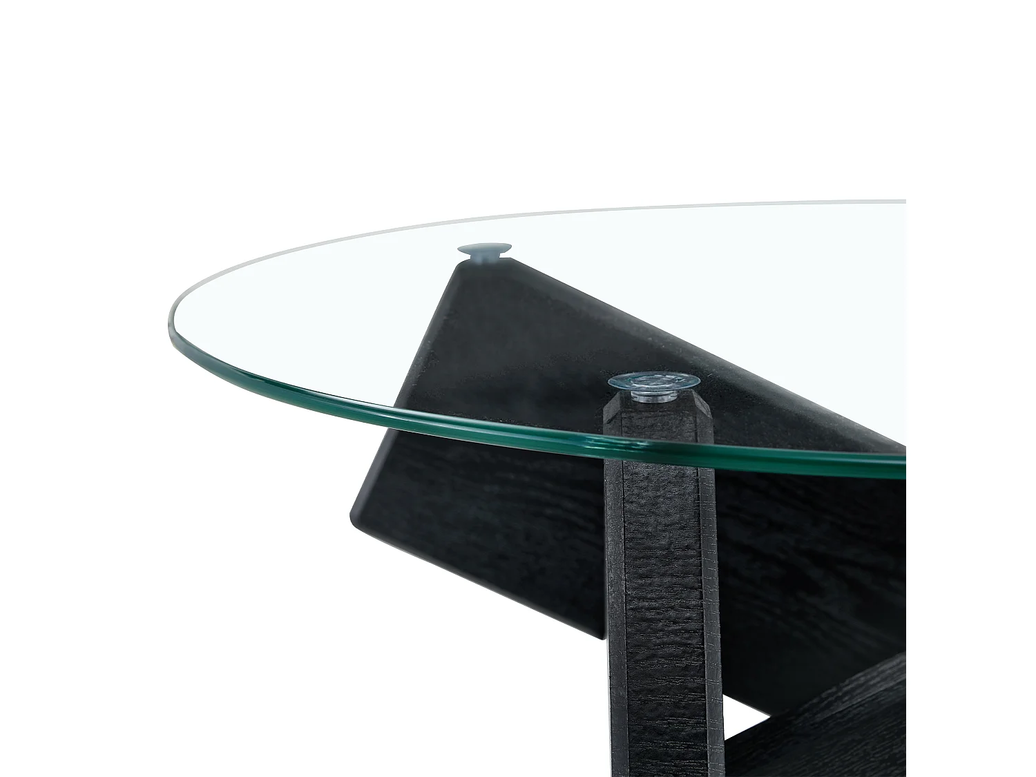 Table basse ronde en verre trempé, structure bois croisée noire, design géométrique, 79 cm