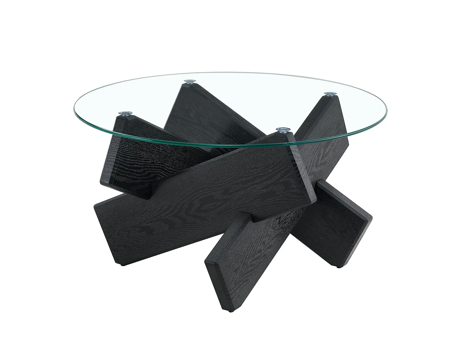 Table basse ronde en verre trempé, structure bois croisée noire, design géométrique, 79 cm