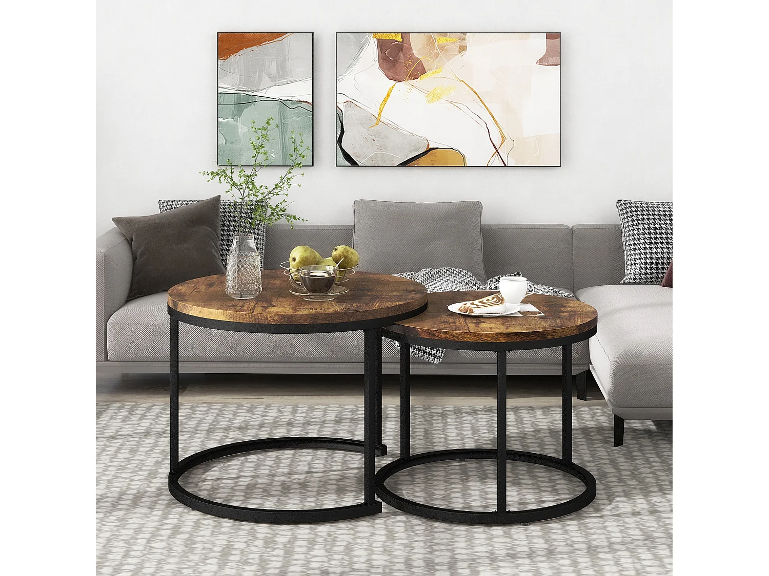 Lot de 2 tables basses gigognes rondes, plateau bois et pieds noirs, design scandinave salon