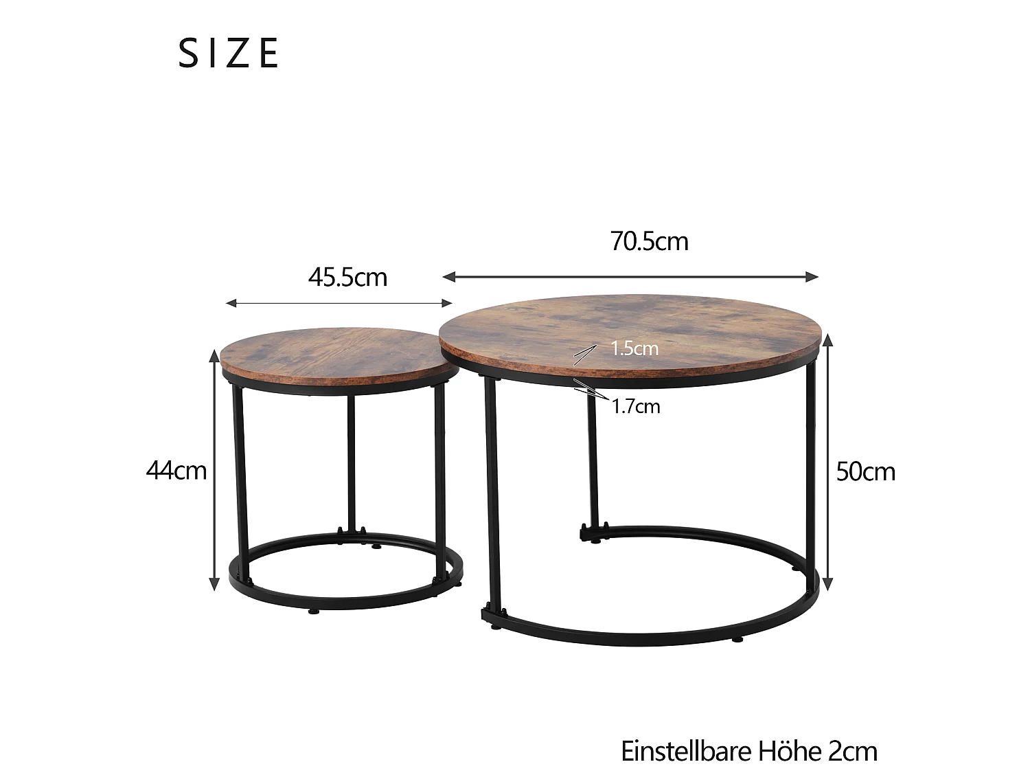 Lot de 2 tables basses gigognes rondes, plateau bois et pieds noirs, design scandinave salon