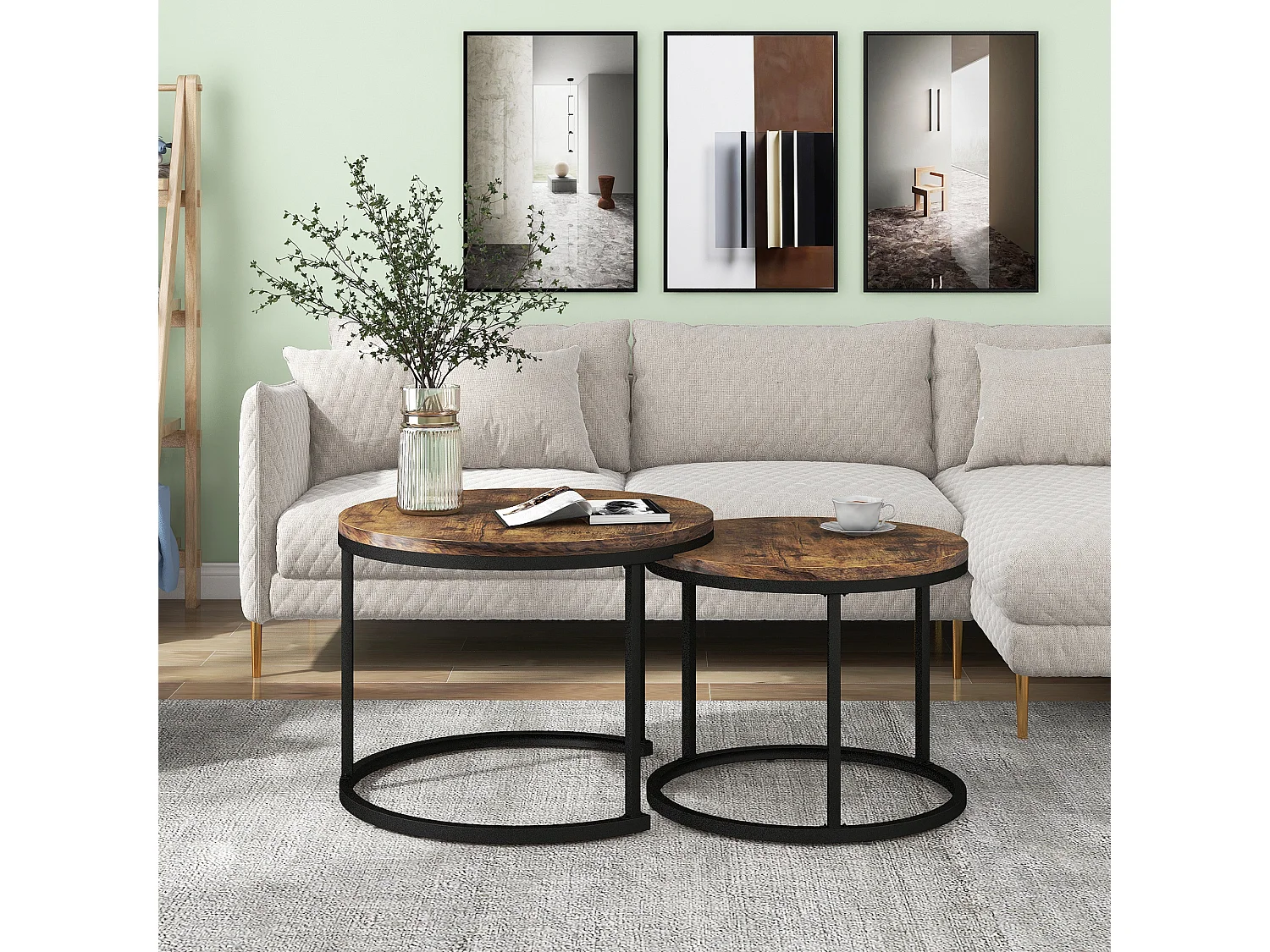 Lot de 2 tables basses gigognes rondes, plateau bois et pieds noirs, design scandinave salon