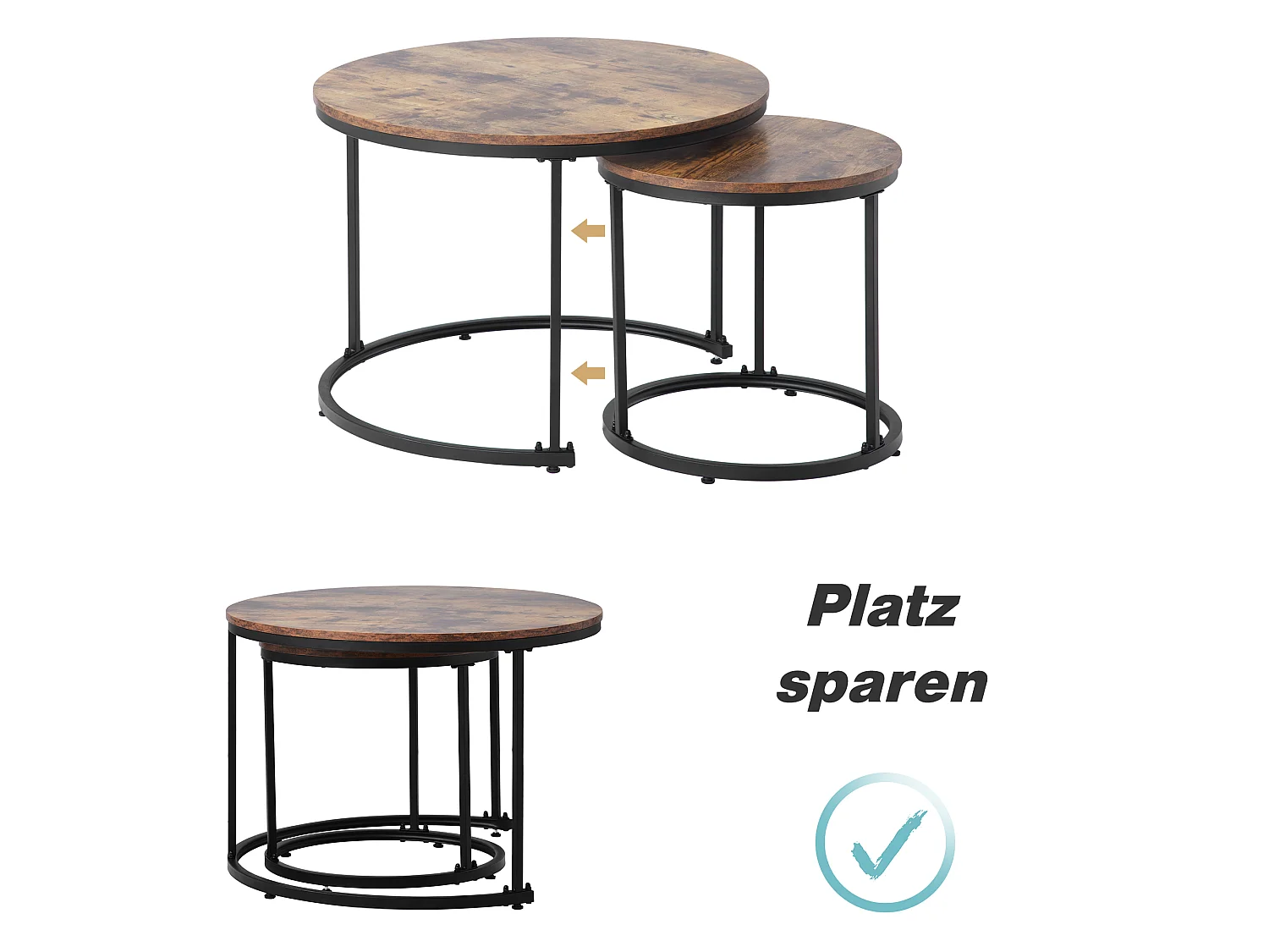 Lot de 2 tables basses gigognes rondes, plateau bois et pieds noirs, design scandinave salon