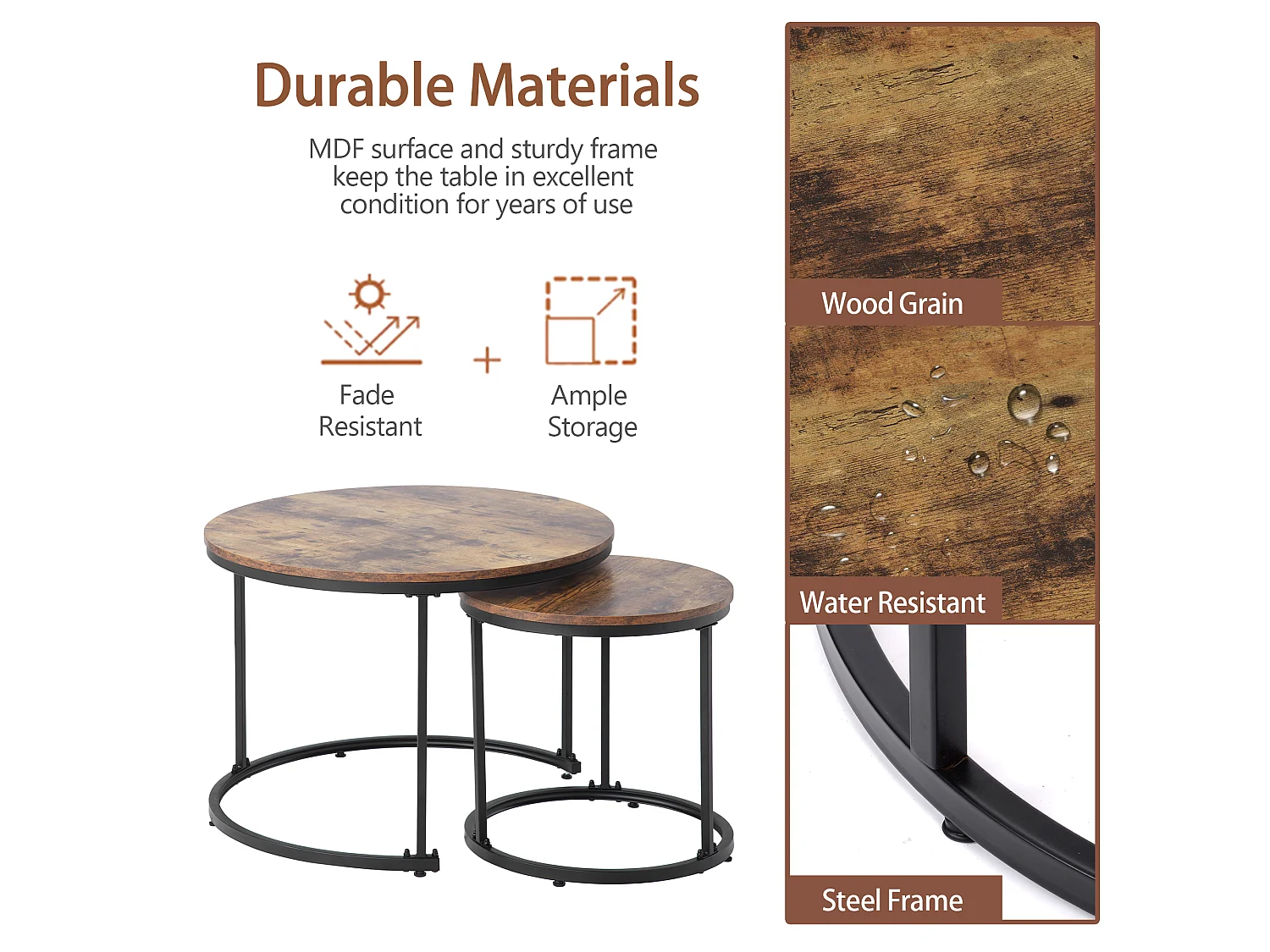 Lot de 2 tables basses gigognes rondes, plateau bois et pieds noirs, design scandinave salon