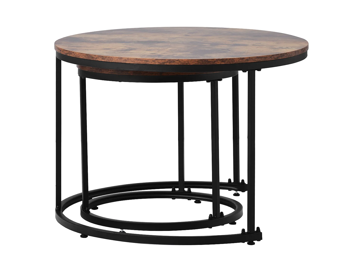 Lot de 2 tables basses gigognes rondes, plateau bois et pieds noirs, design scandinave salon