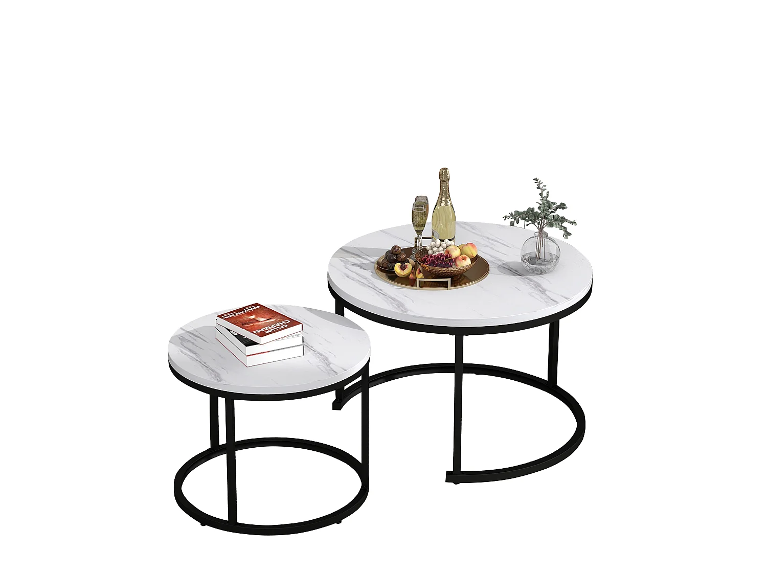 Lot de 2 tables basses gigognes rondes, plateau bois et métal noir, meuble salon moderne