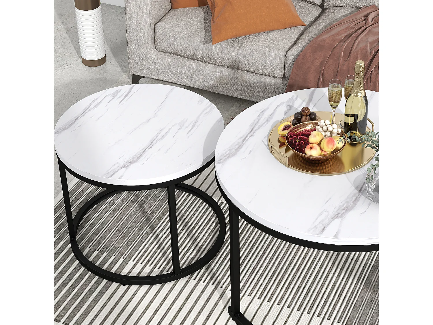 Lot de 2 tables basses gigognes rondes, plateau bois et métal noir, meuble salon moderne