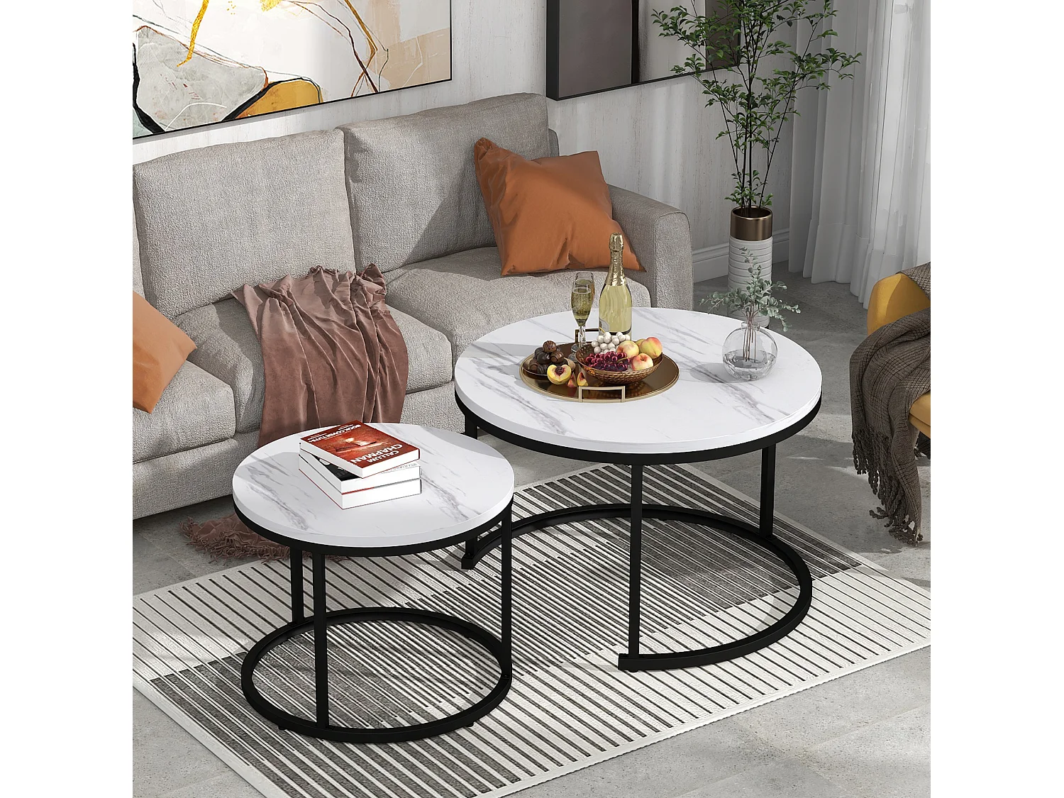 Lot de 2 tables basses gigognes rondes, plateau bois et métal noir, meuble salon moderne