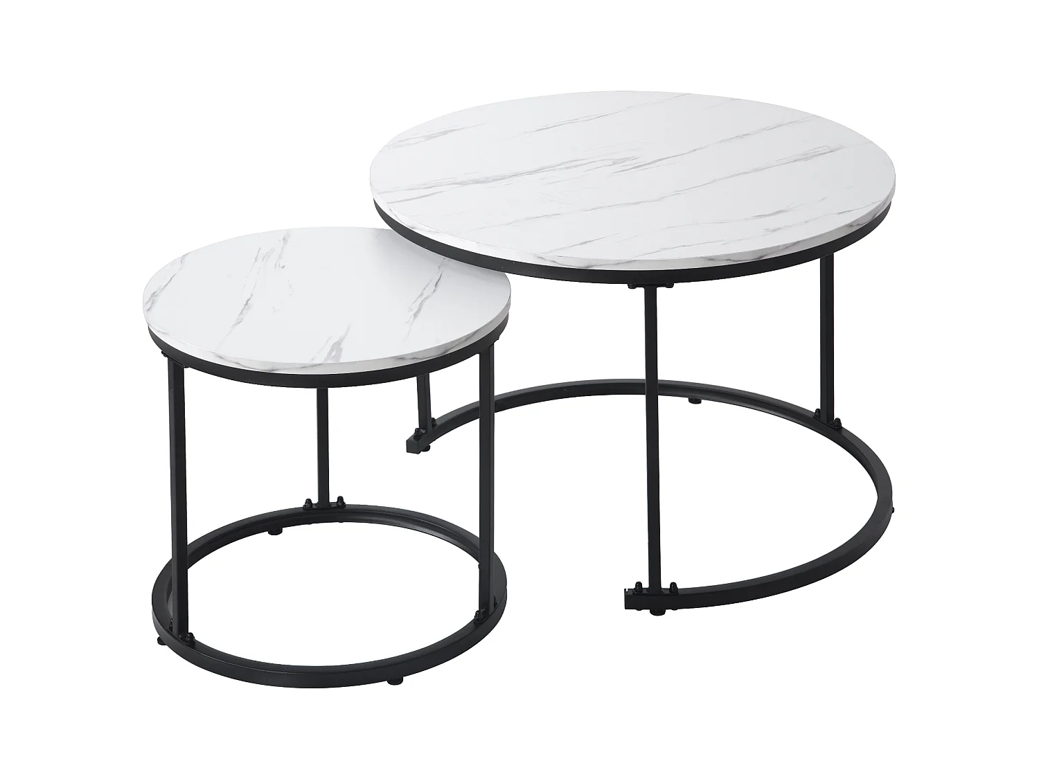 Lot de 2 tables basses gigognes rondes, plateau bois et métal noir, meuble salon moderne