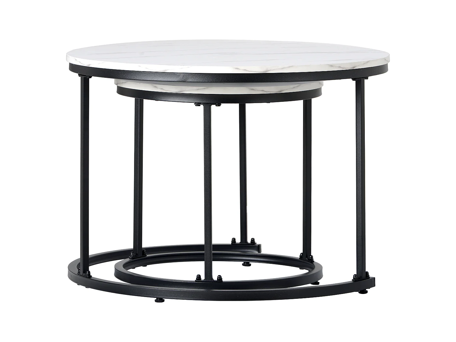 Lot de 2 tables basses gigognes rondes, plateau bois et métal noir, meuble salon moderne