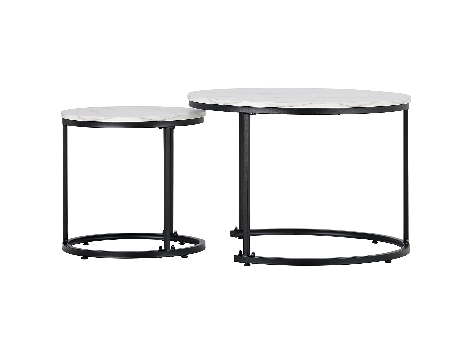 Lot de 2 tables basses gigognes rondes, plateau bois et métal noir, meuble salon moderne