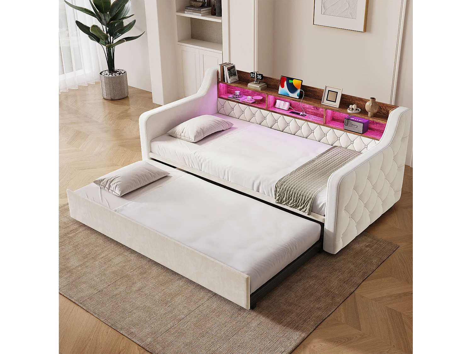 Lit banquette 90x190 cm, LED, USB-C, canapé-lit avec lit gigogne, accoudoirs, tête de lit rangement, sommier, velours, beige