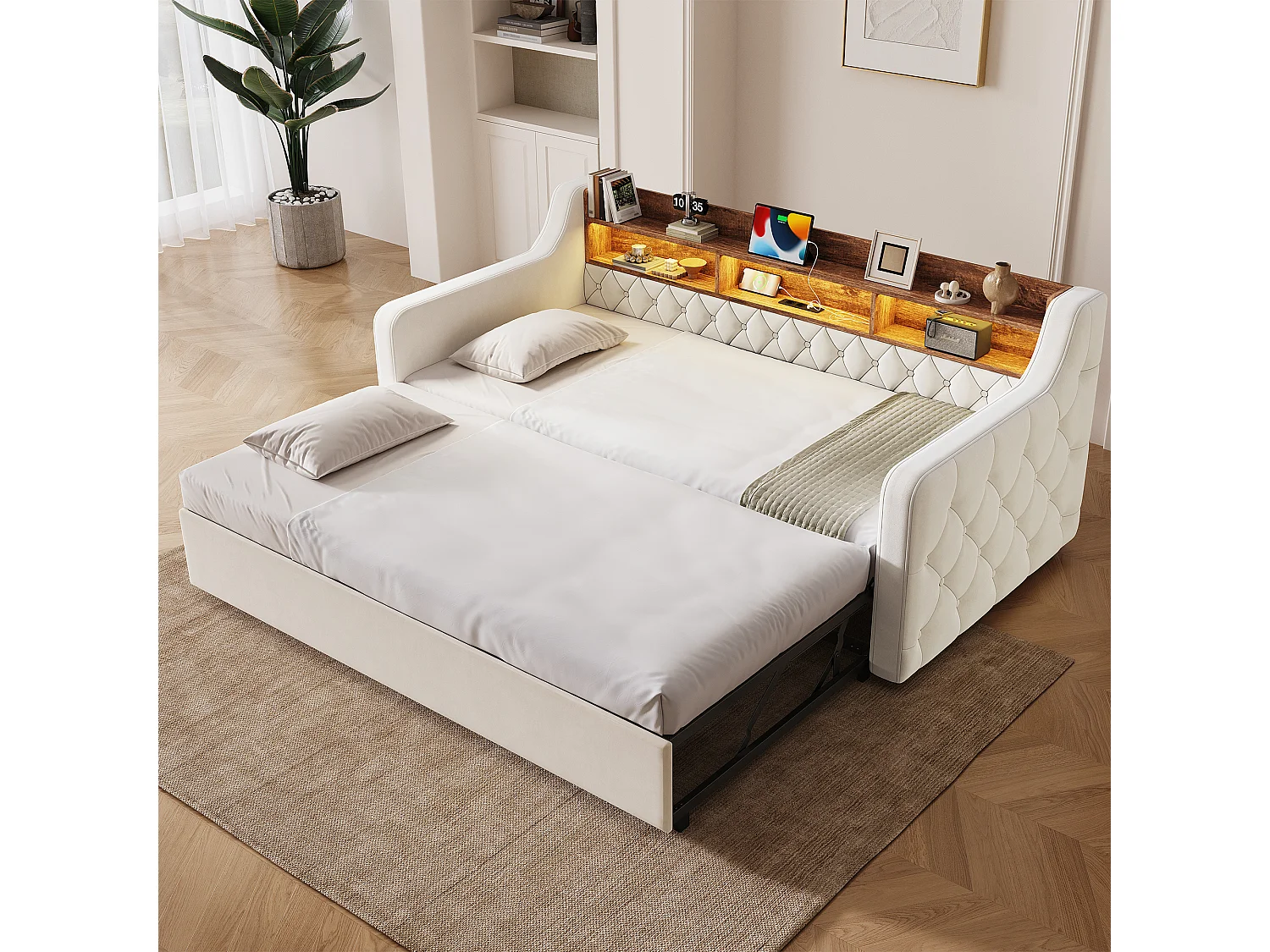 Lit banquette 90x190 cm, LED, USB-C, canapé-lit avec lit gigogne, accoudoirs, tête de lit rangement, sommier, velours, beige