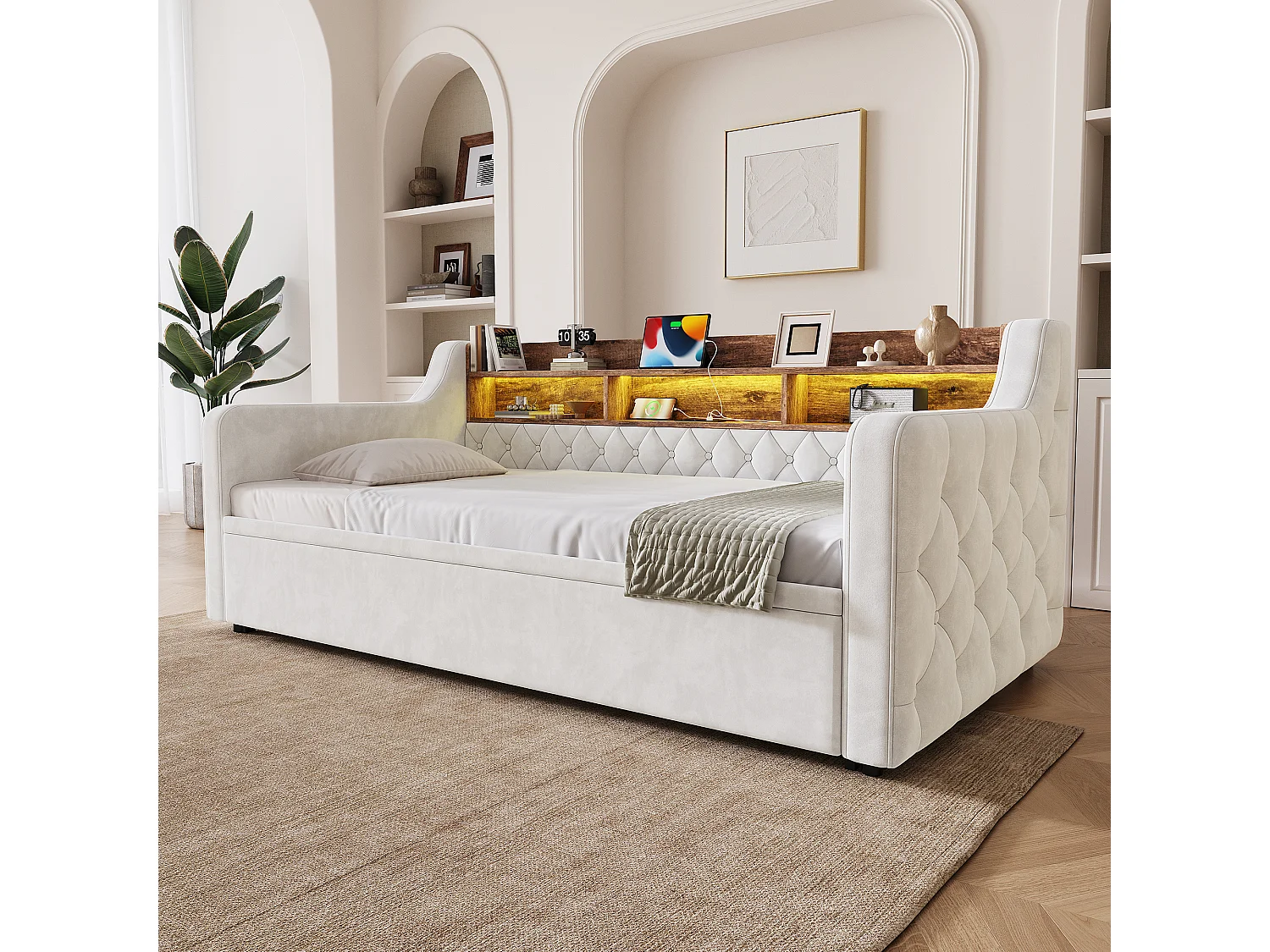 Lit banquette 90x190 cm, LED, USB-C, canapé-lit avec lit gigogne, accoudoirs, tête de lit rangement, sommier, velours, beige