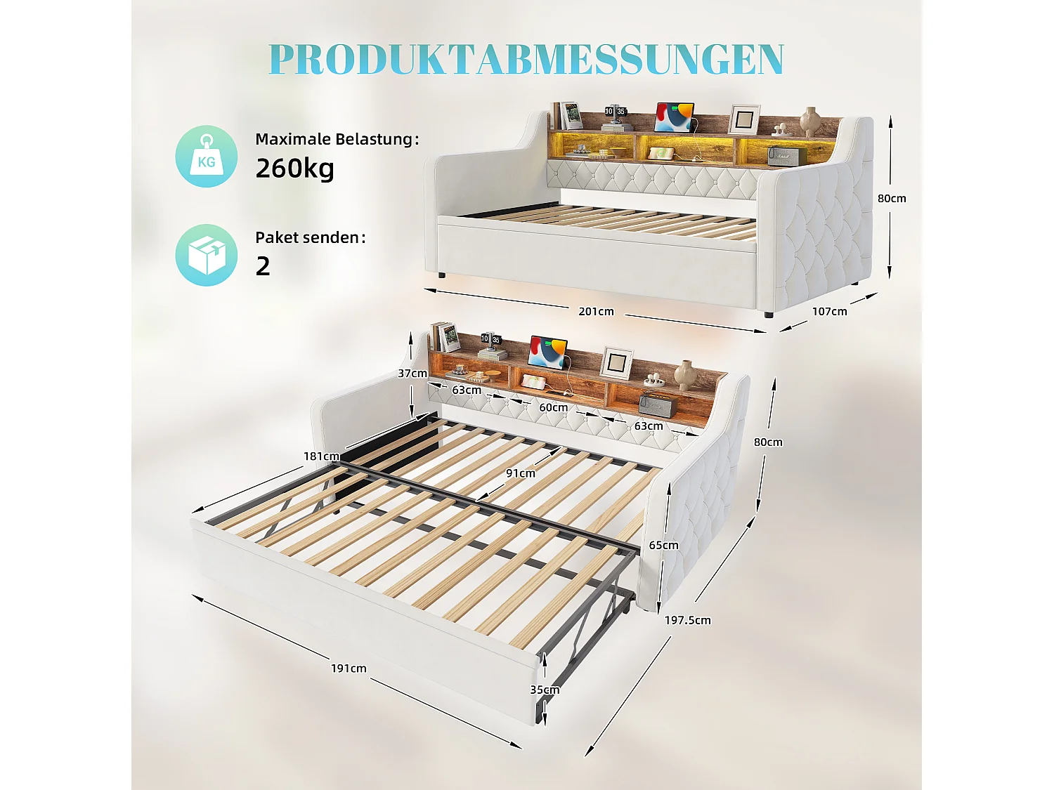 Lit banquette 90x190 cm, LED, USB-C, canapé-lit avec lit gigogne, accoudoirs, tête de lit rangement, sommier, velours, beige