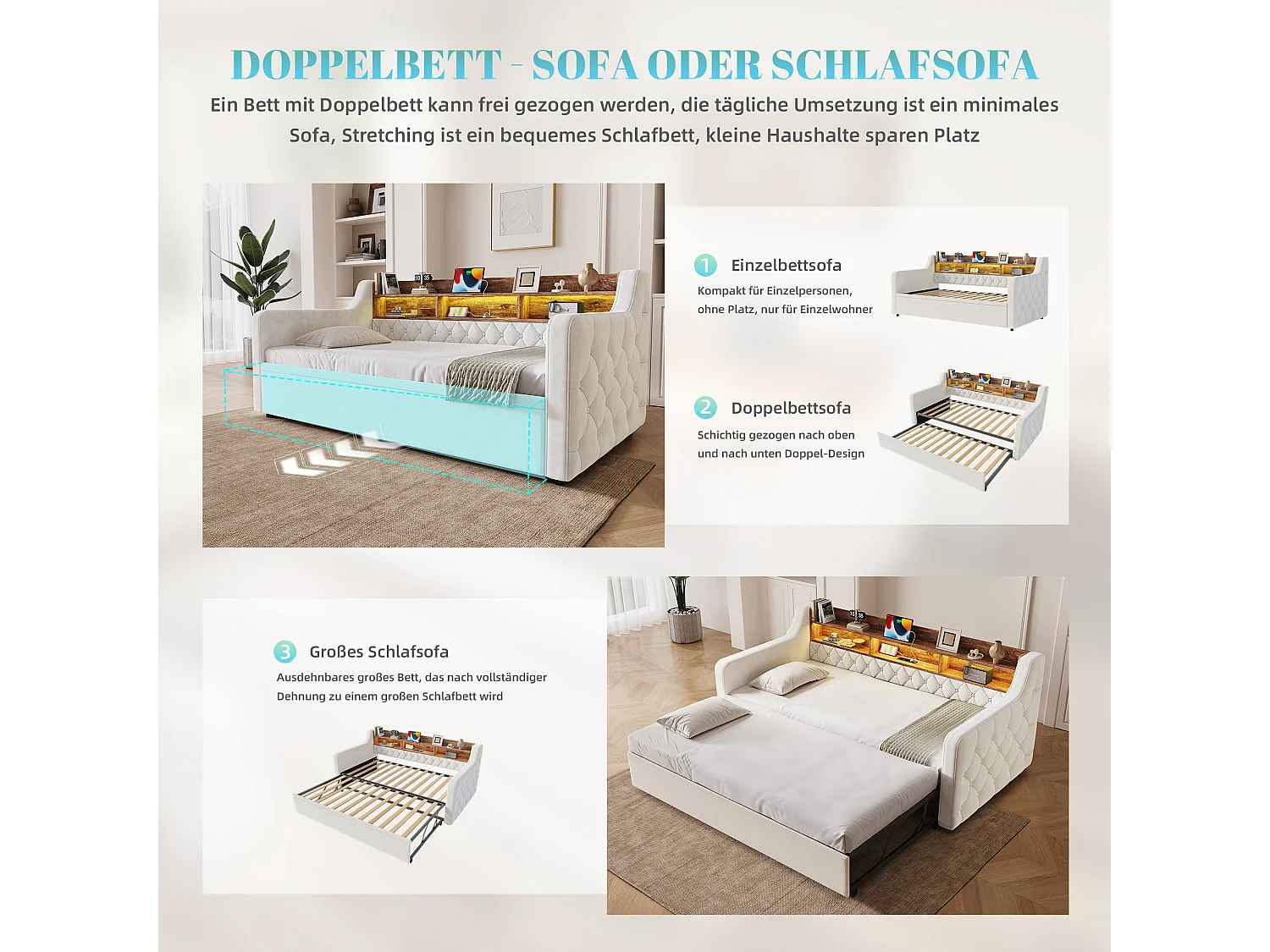 Lit banquette 90x190 cm, LED, USB-C, canapé-lit avec lit gigogne, accoudoirs, tête de lit rangement, sommier, velours, beige