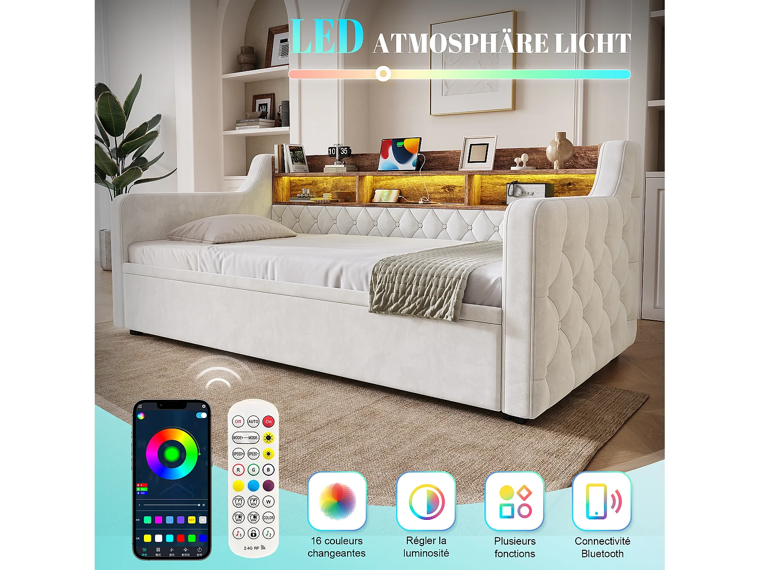 Lit banquette 90x190 cm, LED, USB-C, canapé-lit avec lit gigogne, accoudoirs, tête de lit rangement, sommier, velours, beige