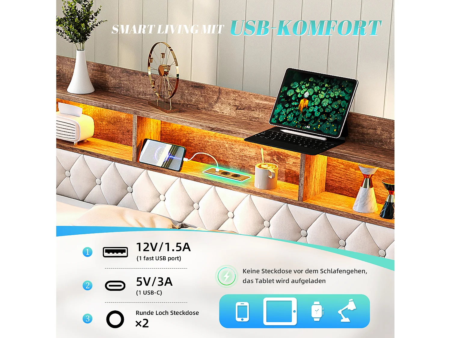 Lit banquette 90x190 cm, LED, USB-C, canapé-lit avec lit gigogne, accoudoirs, tête de lit rangement, sommier, velours, beige
