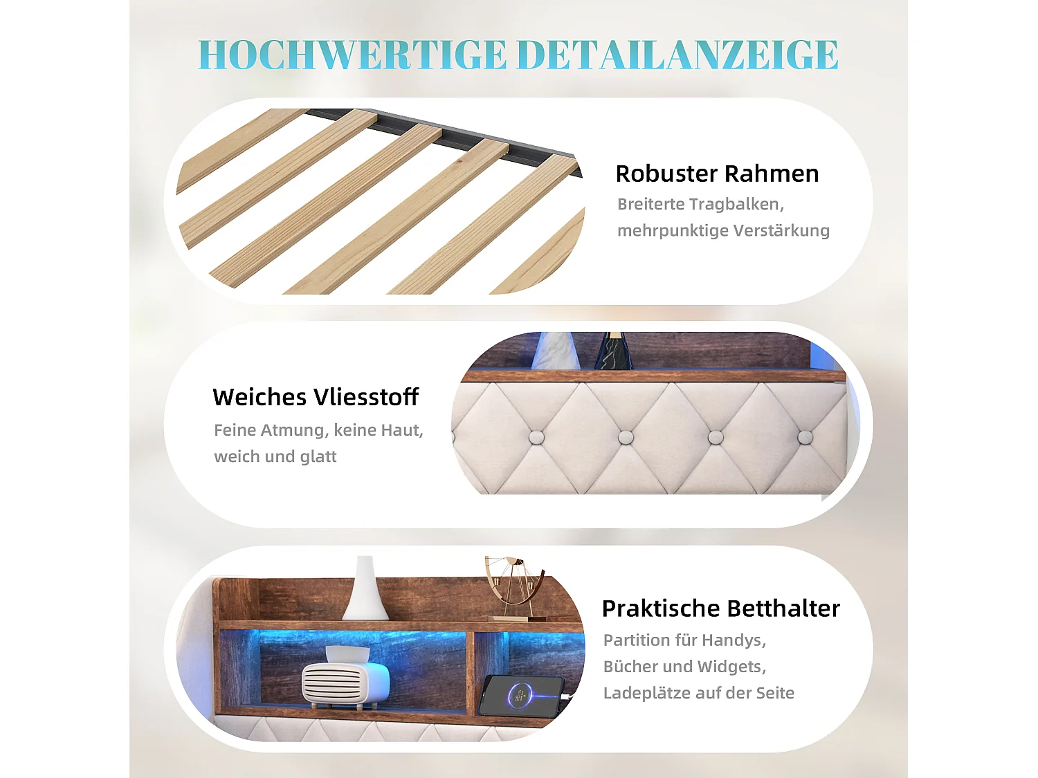 Lit banquette 90x190 cm, LED, USB-C, canapé-lit avec lit gigogne, accoudoirs, tête de lit rangement, sommier, velours, beige