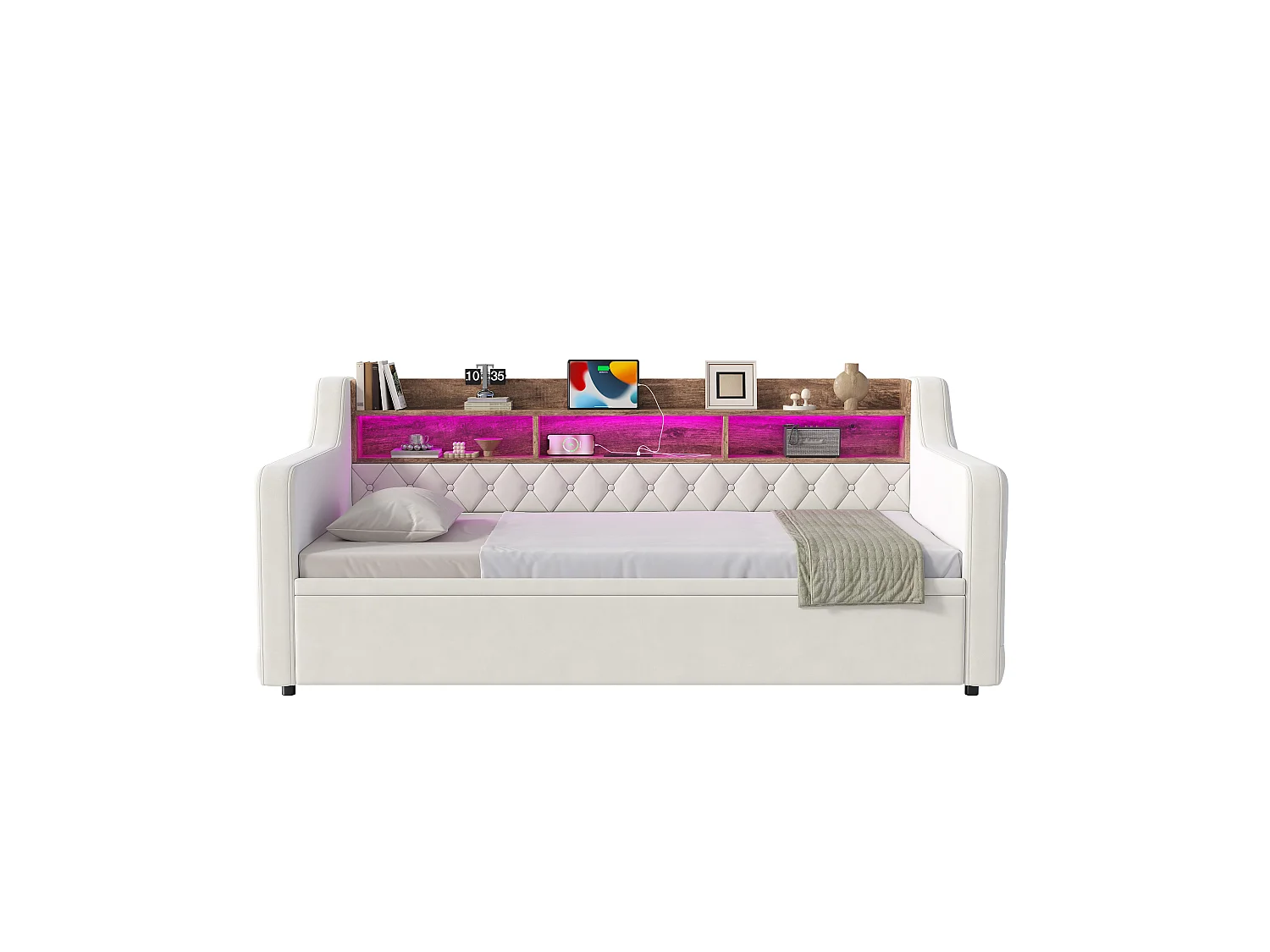 Lit banquette 90x190 cm, LED, USB-C, canapé-lit avec lit gigogne, accoudoirs, tête de lit rangement, sommier, velours, beige